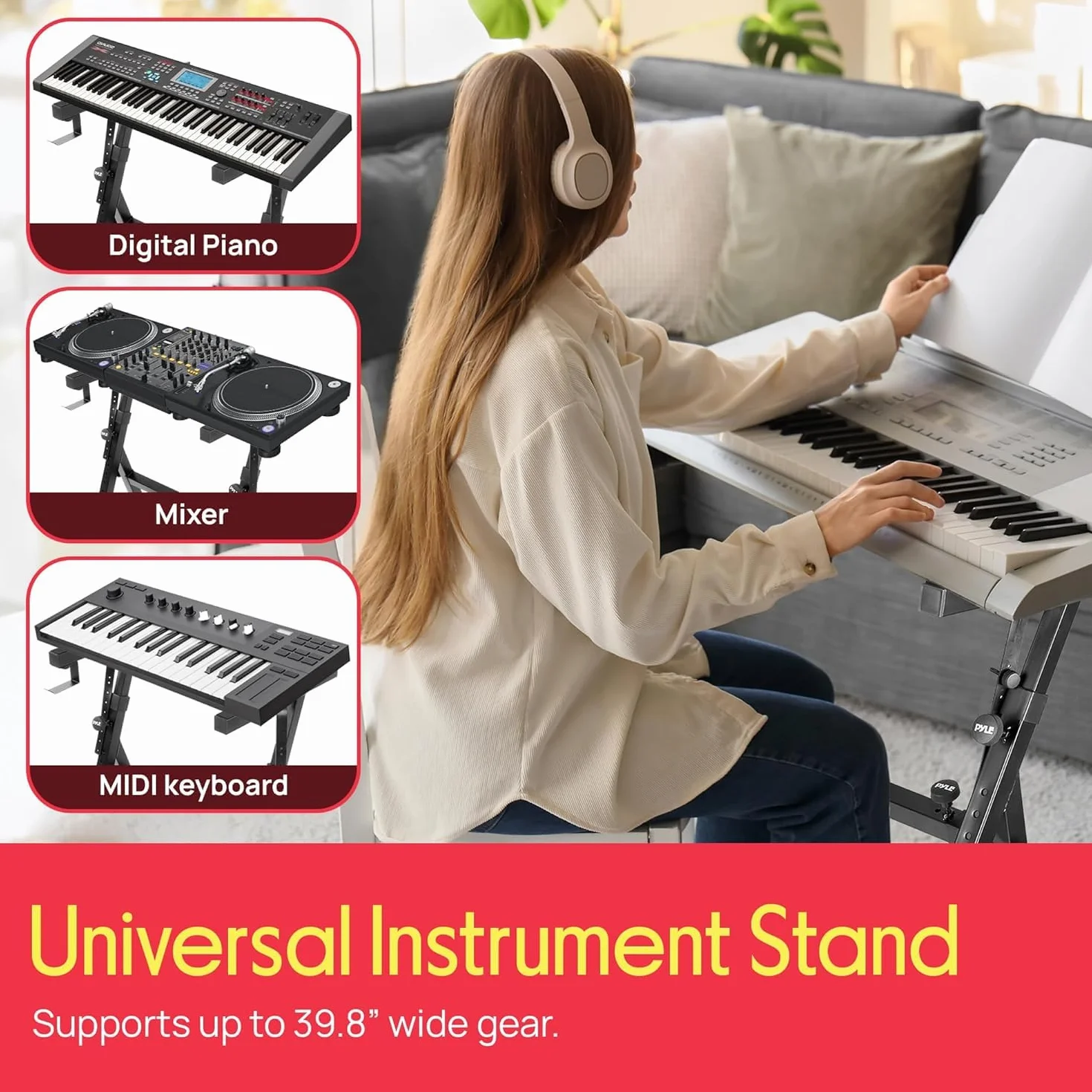 Pyle Universal Electronic Piano, czarny wytrzymały stojak na klawiaturę w stylu Z blokadą kół, wysokość i szerokość, przenośny uchwyt na organiczny stojak, składany design