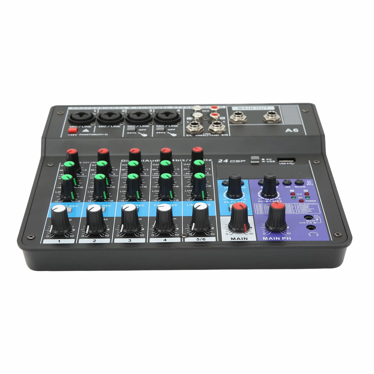 Mikser Audio 6-kanałowy, Mikser Audio Karta Dźwiękowa Konsola, Interfejs Audio USB Mikser Karta Dźwiękowa BT Biurko Nagrywanie Głosu Mini Mikser do Domowej Produkcji Muzyki na żywo