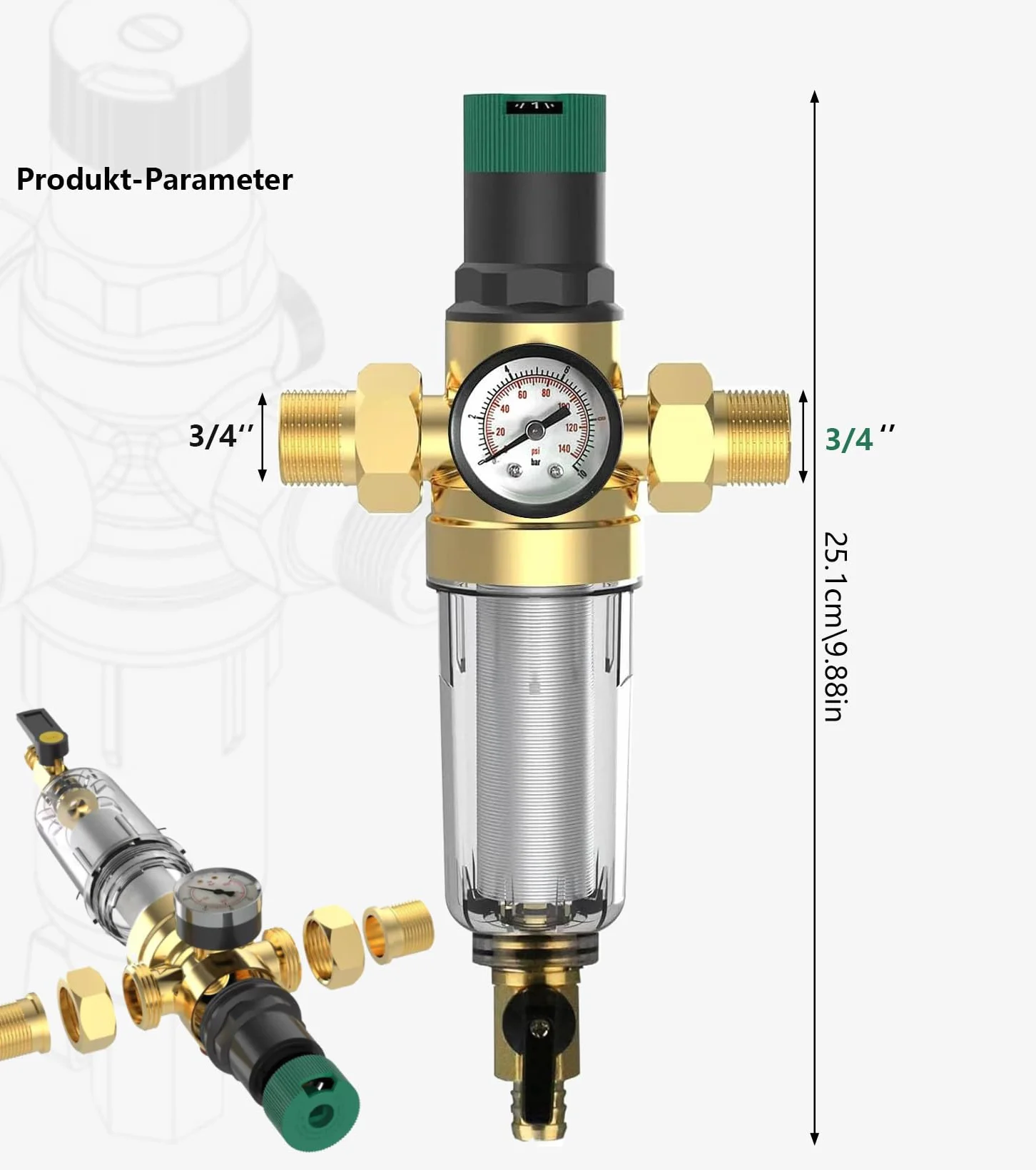 6 sztuk filtrów do płukania zwrotnego z reduktorem ciśnienia i manometrem, filtr wody, przyłącze domowe 3/4 cala, DN 20, filtr wstępny, filtr osadowy, regulator ciśnienia wielokrotnego użytku