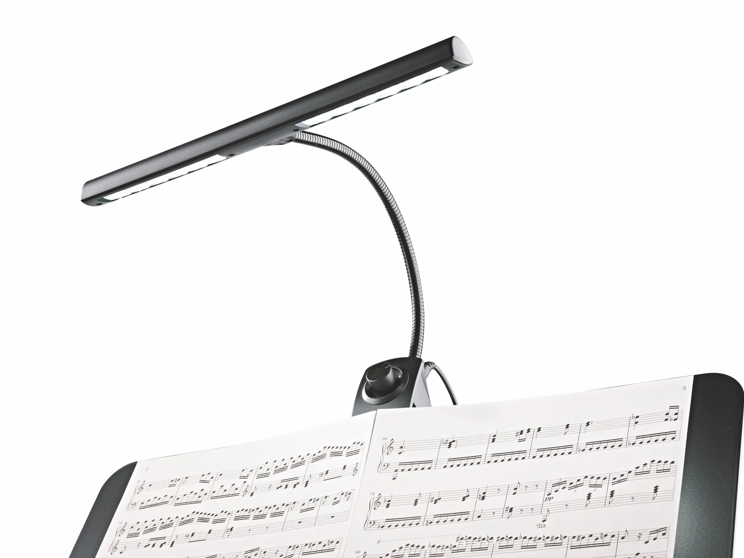 K&M 12295 lampa pulpitowa z nutami ściemniacz Light Black – 30 cm abażur – klips z łabędzią szyją, 2 x 1400 luksów