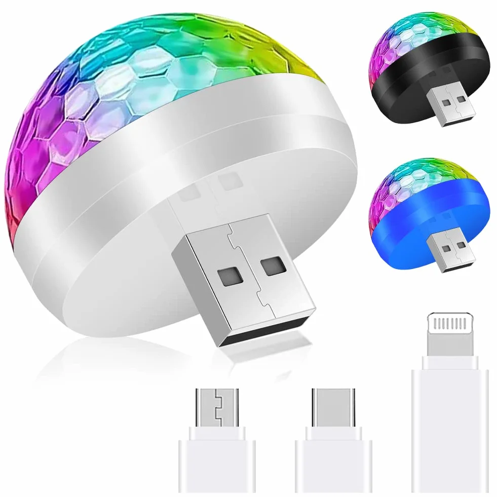 URAQT USB Disco Lights, 3 szt. Mini Disco Ball Lights, wielokolorowe LED nastrojowe światła samochodowe, lampa RGB Disco, z 3 adapterami, odpowiednie na imprezę, klub, urodziny, karaoke