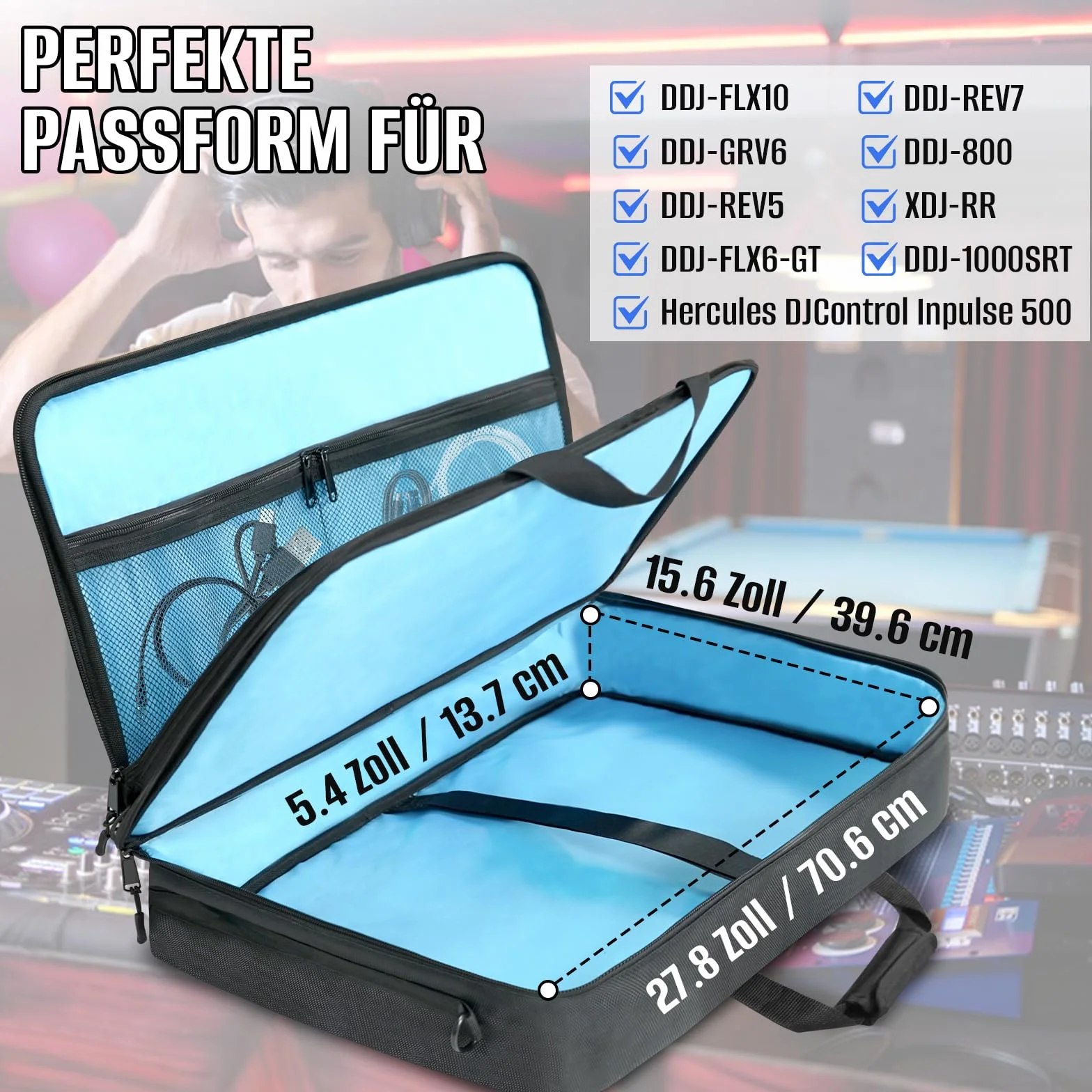 SUNDOY Torba DJ kompatybilna z kontrolerem Pioneer – odporna na uderzenia walizka transportowa z paskiem na ramię i przegródkami na akcesoria, czarny, 72x41x15-CM, Wodoszczelna tkanina