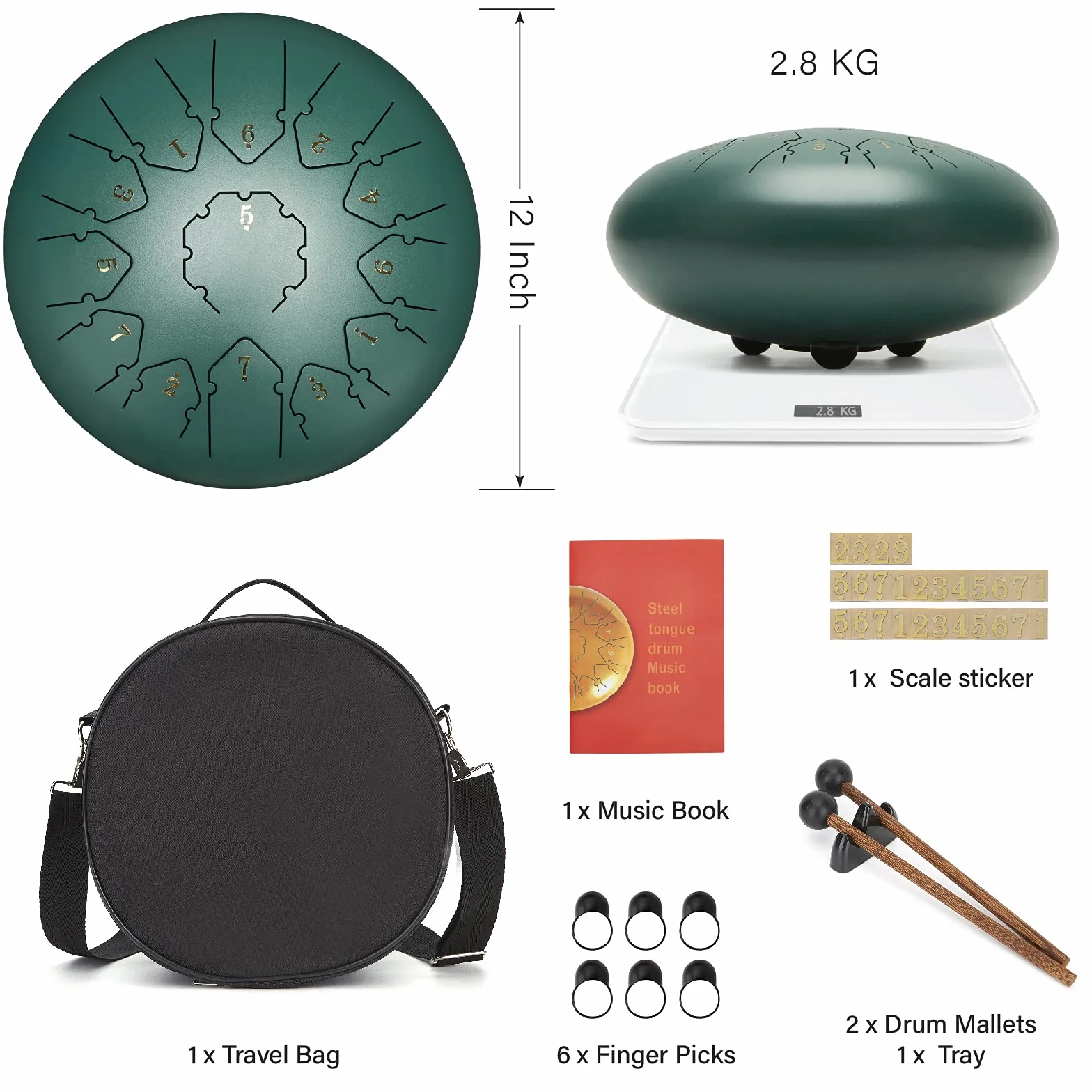 stalowy bęben językowy, 30 cm, 13 nut, klucz C, ręczny bęben, zestaw instrumentów perkusyjnych z torbą do przenoszenia, 2 młotkami bębnowymi, 4 rękawy na palce, dla dzieci, dorosłych, jogi,