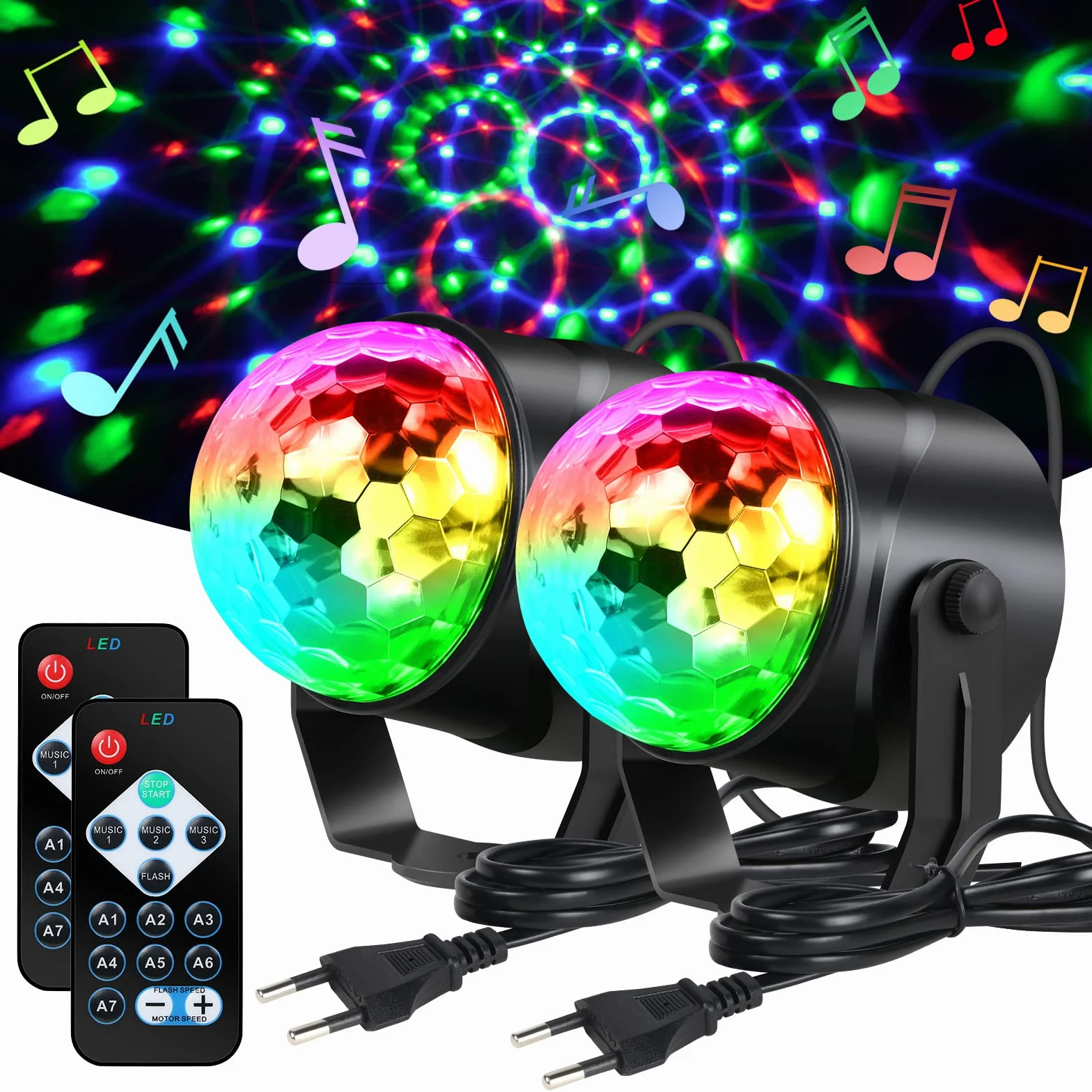 URAQT Disco Lights, 360 ° Aktywowane Dźwiękiem Oświetlenie Imprezowe, 7-Kolorowe Oświetlenie Sceniczne LED z Pilotem do Spotkań Rodzinnych, Przyjęcia Urodzinowego, Tańca, Karaoke, KTV (2 Szt)