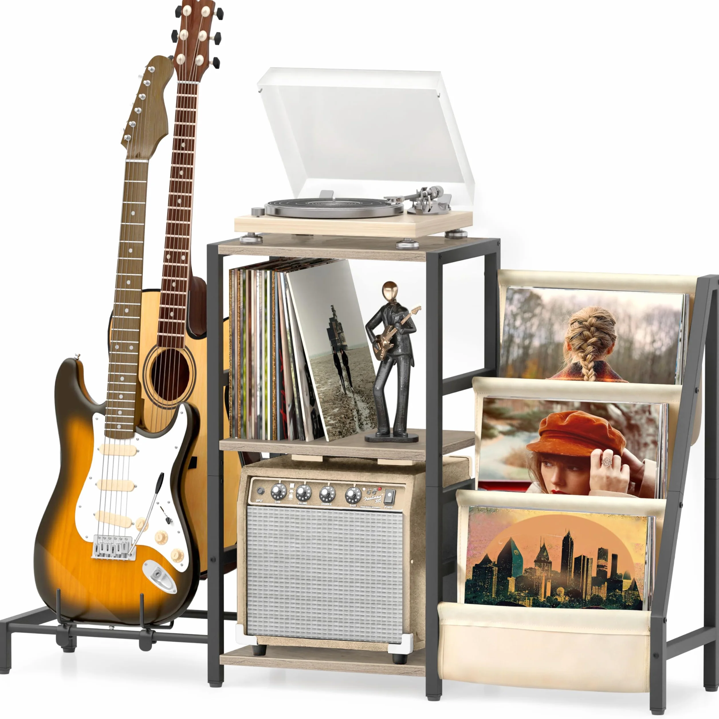 Stojak na Gramofon z 3 Poziomami Przechowywania Winyli i Stojakiem na Gitarę, Biały
