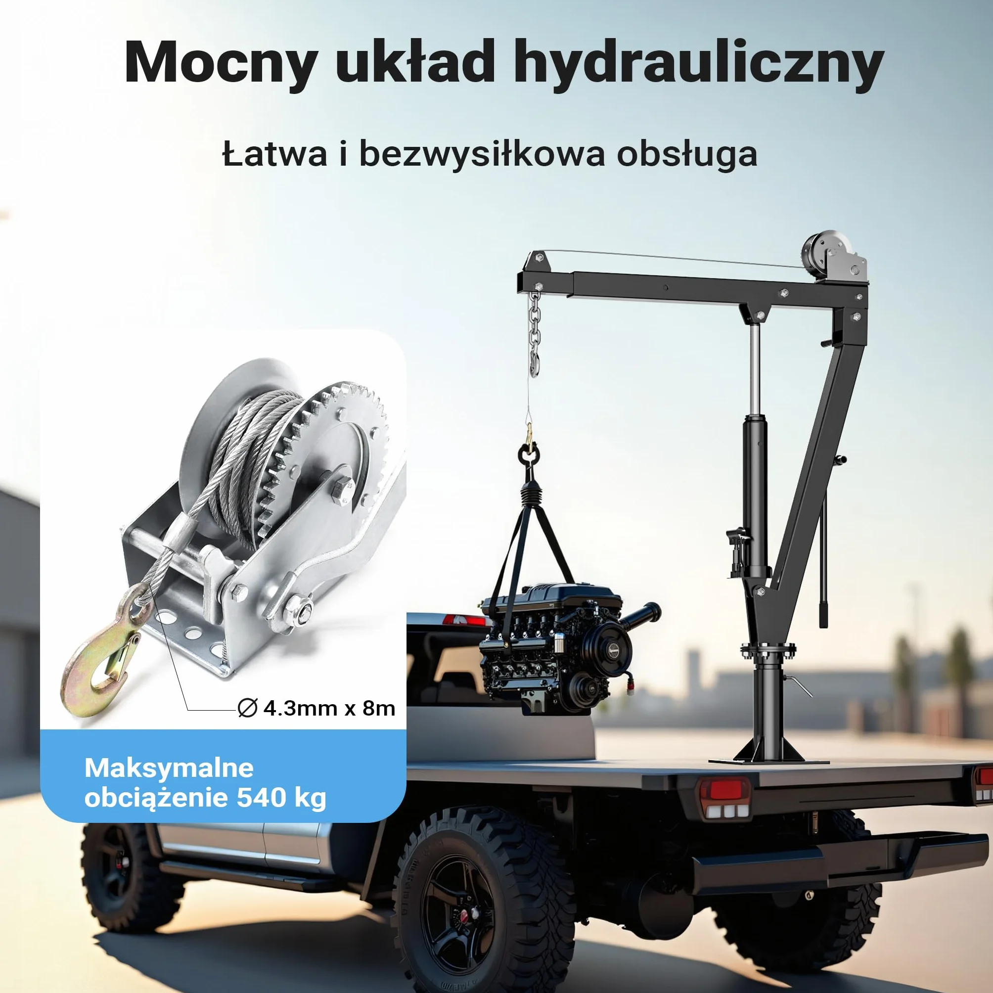 Wiltec Żuraw hydrauliczny do załadunku 900 kg, obrotowy 360° z wyciągarką linową, stabilny podnośnik do pojazdów transportu, pickupów i warsztatu