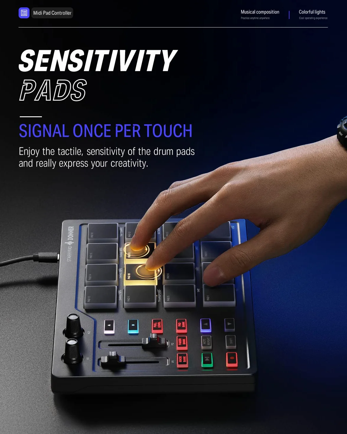 Donner Klawiatura kontrolera MIDI Pad USB typu C, profesjonalna bateria z 16 buforami, wyjście MIDI, 2 suwaki i przypisywalne przyciski (Starrypad Mini, czarny)
