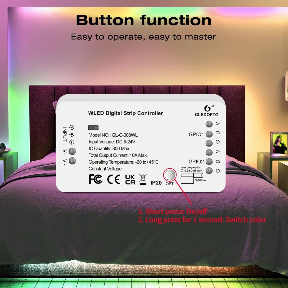 GLEDOPTO WLED Digital Strip Light Controller WiFi DC5-24 V obsługa WS2812 2811 SK6812 i inne RGB RGBW Strip Lights 800 IC DIY