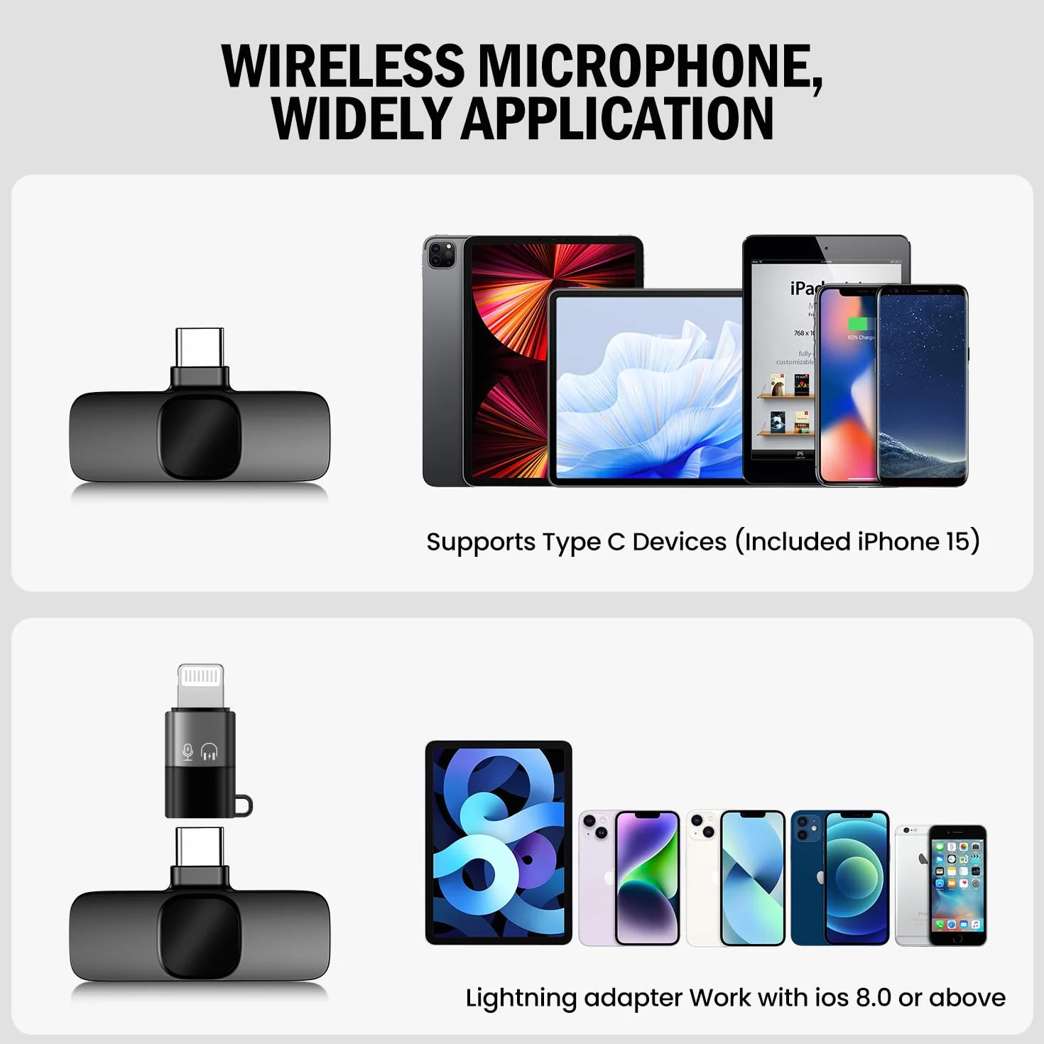 Bezprzewodowy mikrofon krawatowy, lavalier, z adapterem lightning i torbą do przechowywania, do iPhone’a, iPada, telefonów z Androidem, mini, do wideo i podcastów, z redukcją szumów
