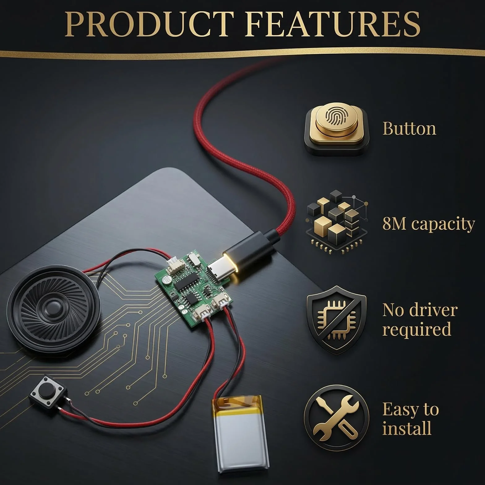 Moduł dźwiękowy MP3 - programowalny moduł audio z głośnikiem do projektów DIY - pamięć 8 MB, transmisja USB do muzyki i spersonalizowane prezenty