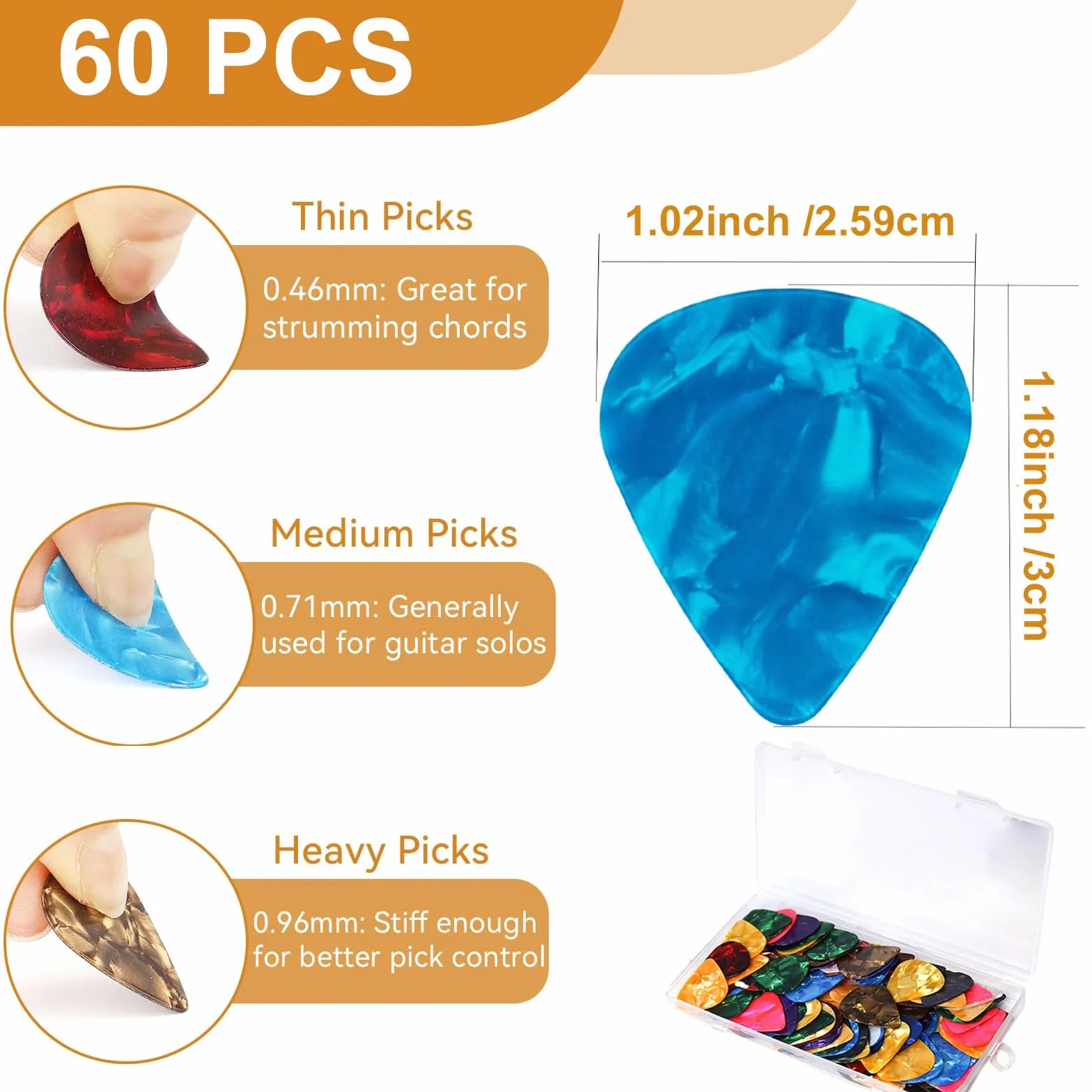 60 kolorowych celuloidowych kostek gitarowych z pudełkiem do przechowywania, 3 różne grubości kostki do gitary akustycznej, gitary elektrycznej, ukulele (0,46 mm, 0,71 mm, 0,96 mm), losowe kolory