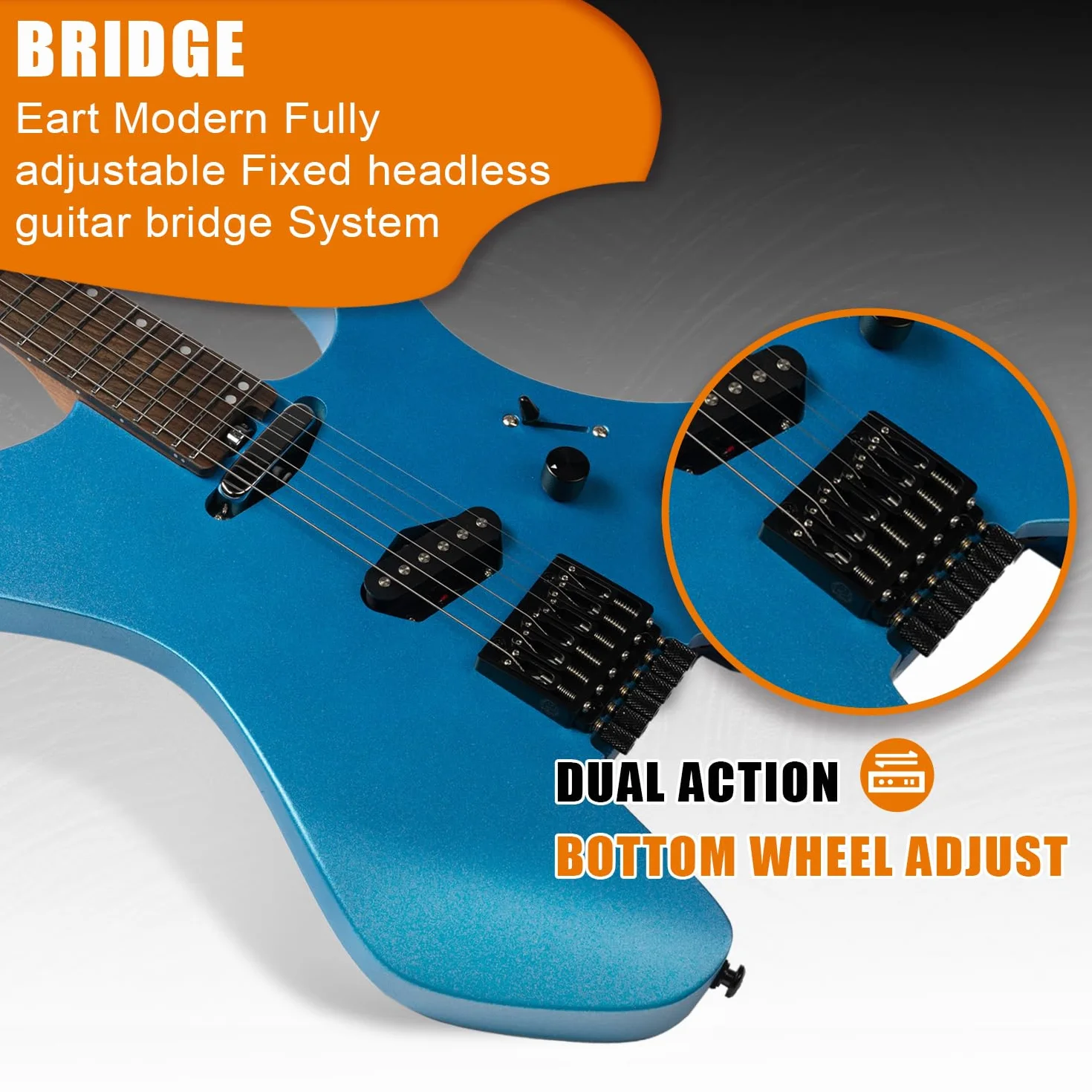 EART GW2T-SE Gitara elektryczna bezgłowowa z w pełni regulowanym stałym systemem mostka, progi Medium Jumbo ze stali nierdzewnej z zaokrąglonymi końcami (niebieska)