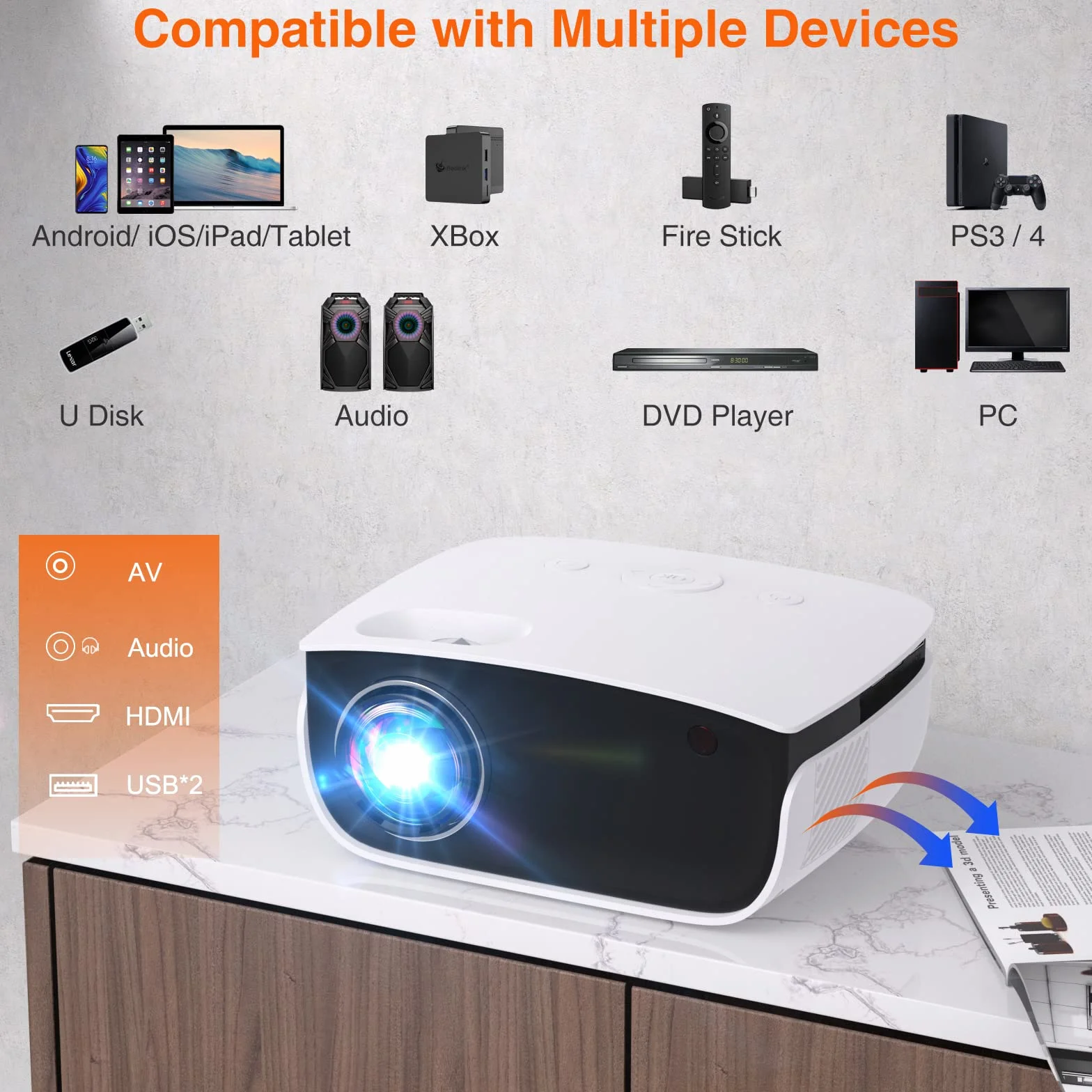 T TOPVISION Mini rzutnik, 7500 l, przenośny projektor kina domowego, obsługa 1080p Full HD LCD [ekran w zestawie] projektor wideo kompatybilny ze smartfonami/pendrive / PS5/PC/laptopem, USB