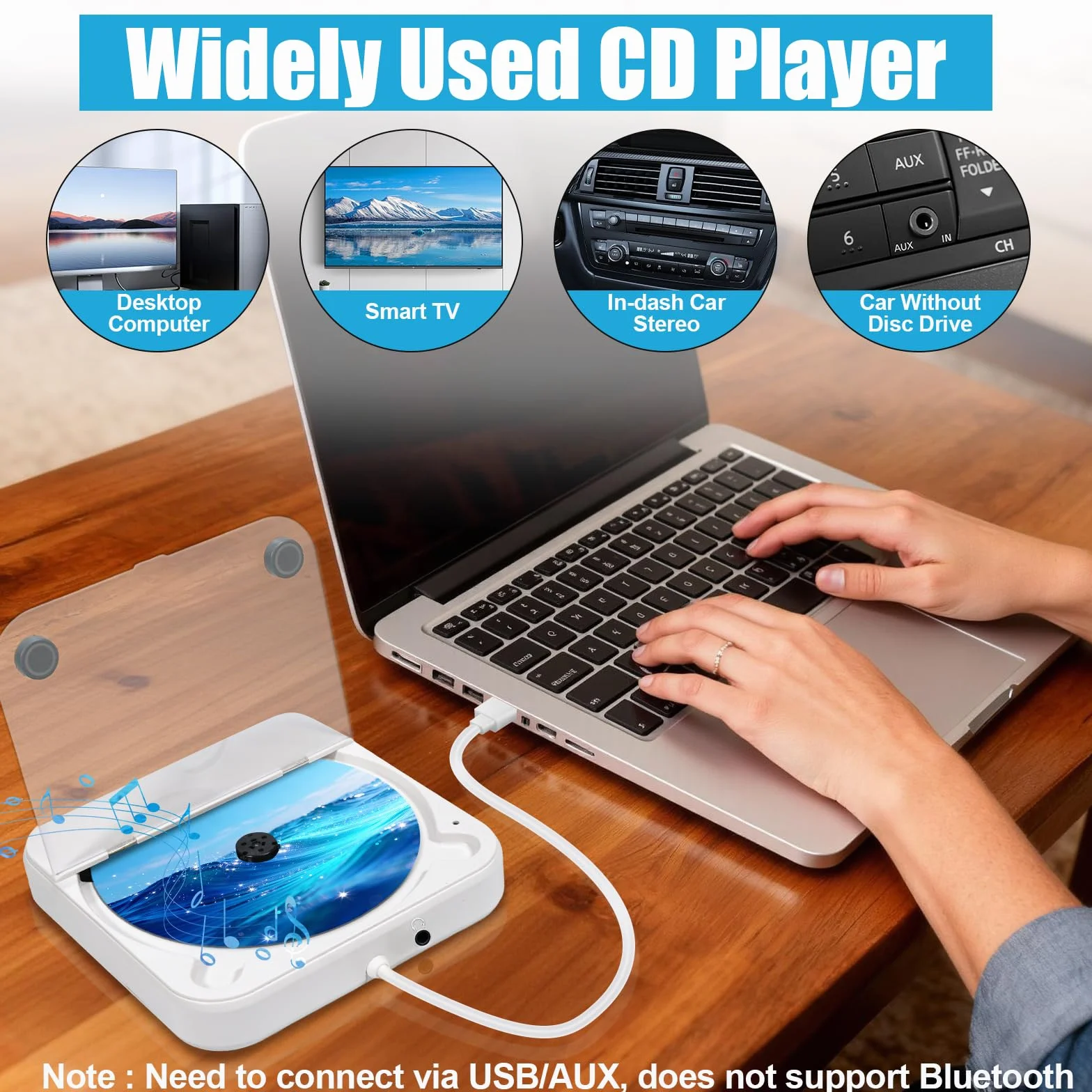 Przenośny odtwarzacz CD do samochodu, zewnętrzny odtwarzacz CD do samochodu USB Plug and Play, port AUX, kabel przedłużający USB, osobiste odtwarzacze CD do domu/biura/samochodu/laptopa (White)