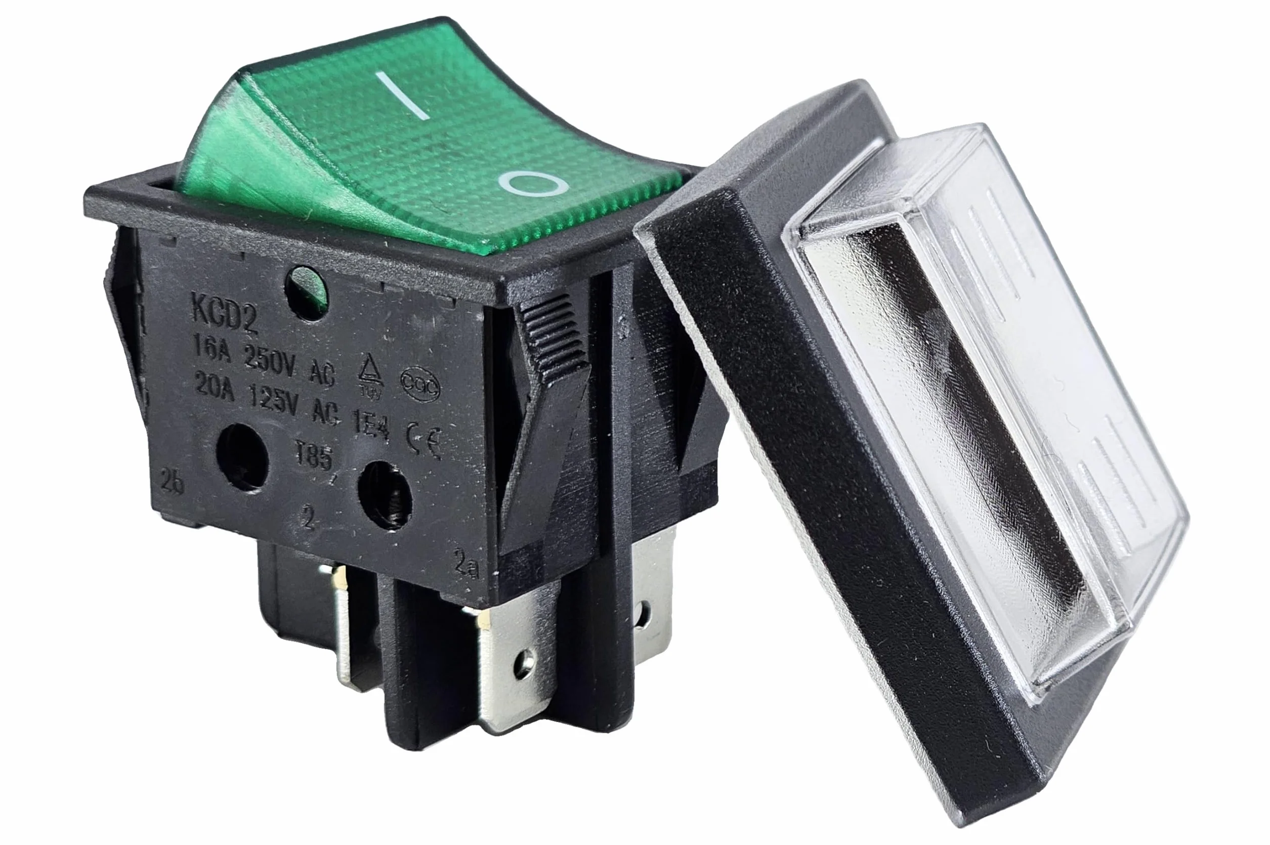 Przełącznik kołyskowy z wodoszczelną osłoną, 2-biegunowy (4pin), 16 A, 250 V AC, 30 x 22 mm, zielony kołysk, podświetlany
