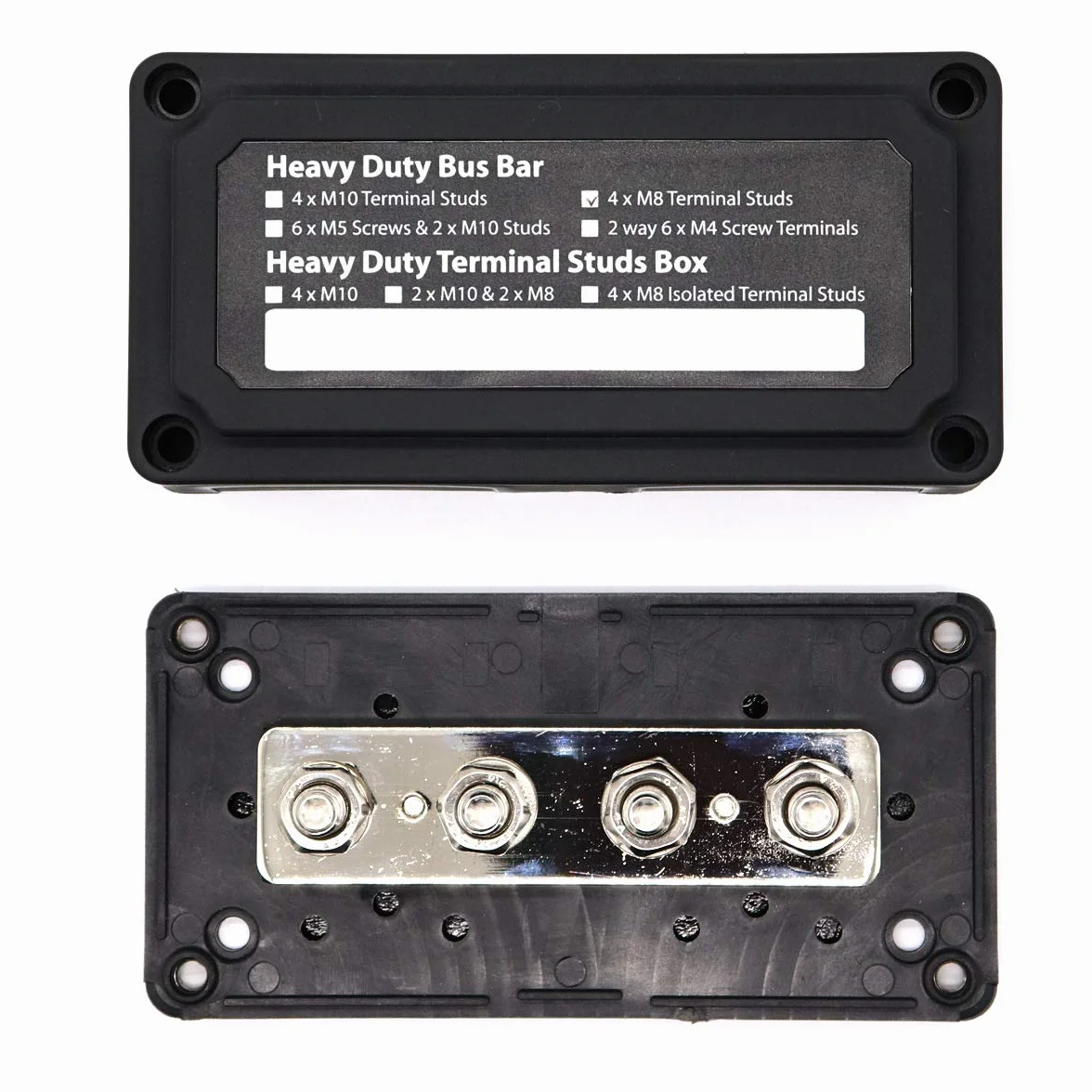 Black 300 A Bus Bar Box Heavy-Duty, moduł, blok rozdzielczy zasilania z 4 x zaciskiem śrubowym M8, blok przyłączeniowy akumulatora 12 V - 48 V DC, do samochodów morskich, solarnych