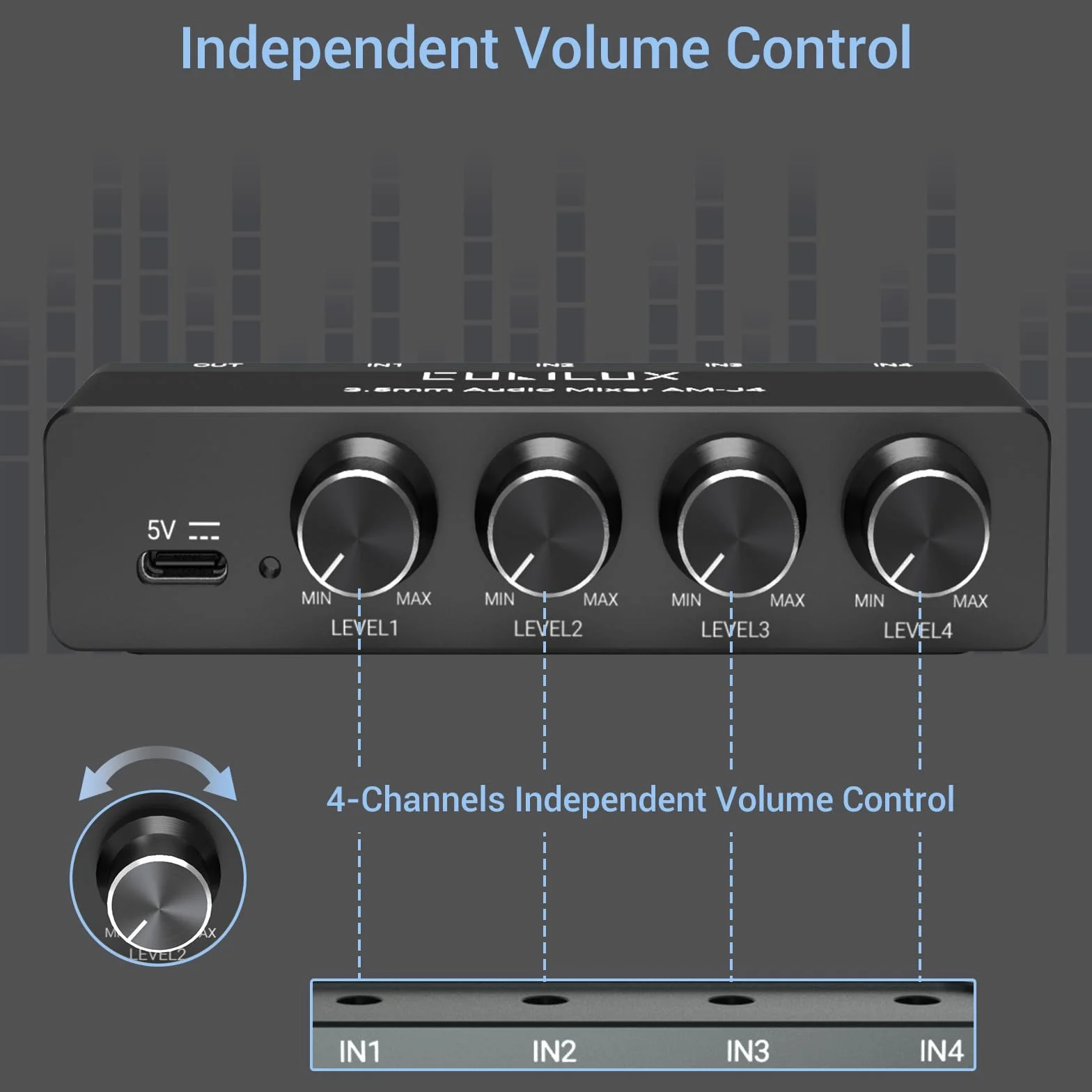 Cubilux 4-Kanałowy Miksownik Audio 3,5mm, Mini Miksownik Audio o Ultra-Niskim Szumie do Sub-Miksowania, Wejście 1/8 TS/TRS, Przełącznik Stereo, Odpowiedni do Gitar, Basów, Klawiatur