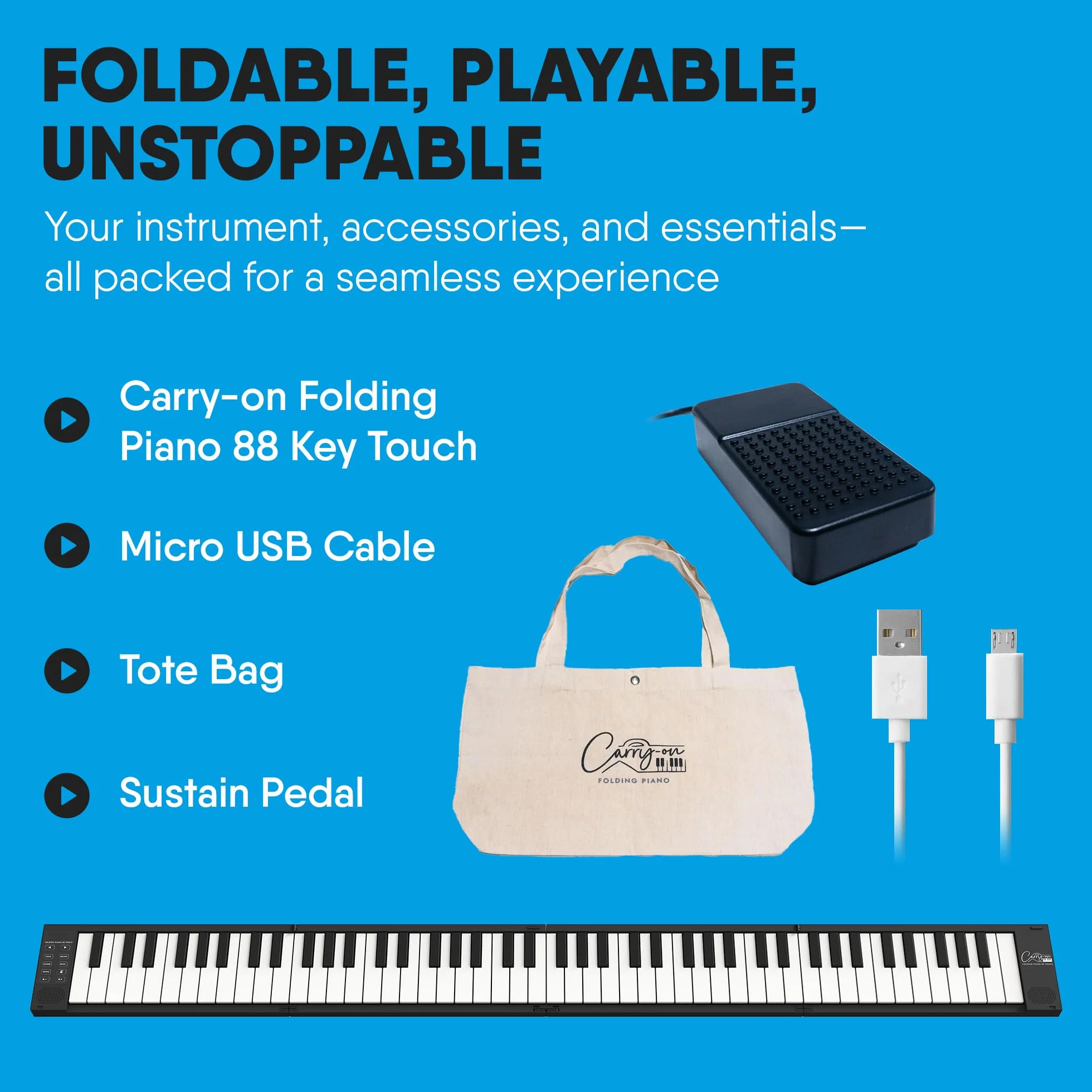 Blackstar BA215011 Carry-on FP-88 Touch 88 klawiszy, czułość na dotyk, czarne, przenośne składane pianino cyfrowe przez kontroler USB MIDI z akumulatorem