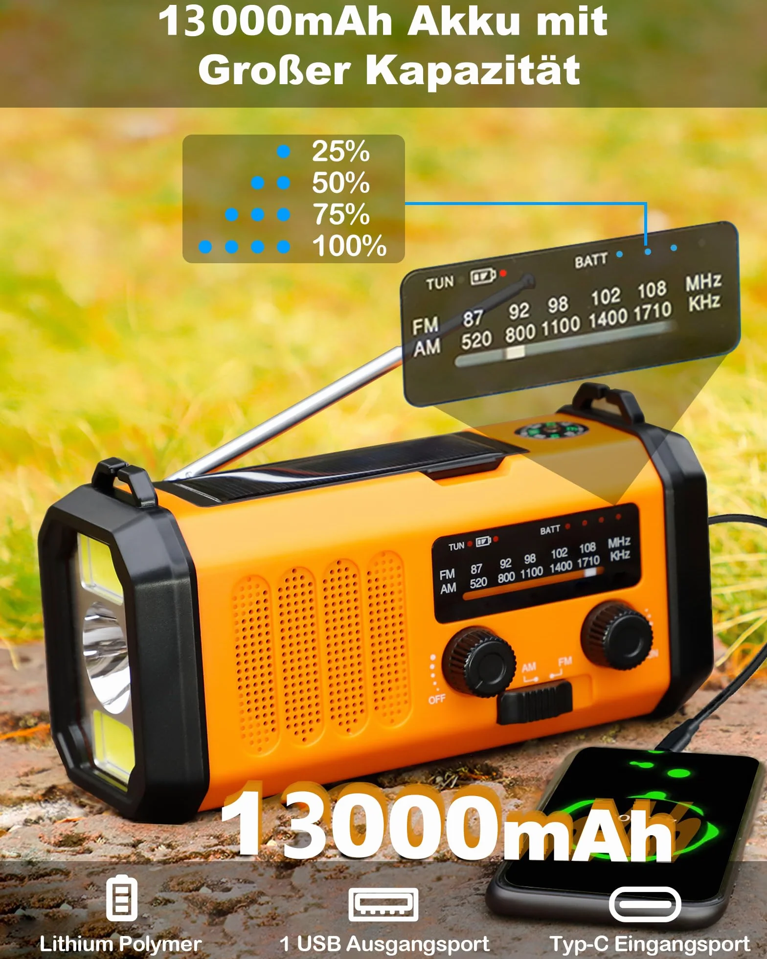 48100mWh/13000mAh Solarne Radio Awaryjne z Korbą Ręczną, 4 Kierunkowy Przenośny Akumulator AM FM Radio,ładowarka do Telefonu,Latarka i Lampka do Czytania,SOS,Kompas dla Przetrwanie Czarnout Kempingowy
