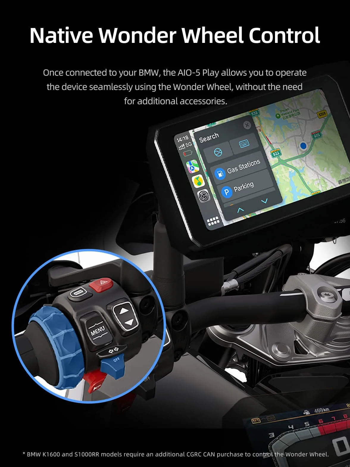 CHIGEE AIO-5 Play for BMW Motorcycles, 3-Pin Interface, Plug-and-Play Smart Display with Apple CarPlay & Android Auto, 60FPS, IP68 Waterproof, Built-in GPS, Anti-Theft Alarm, Data Reading