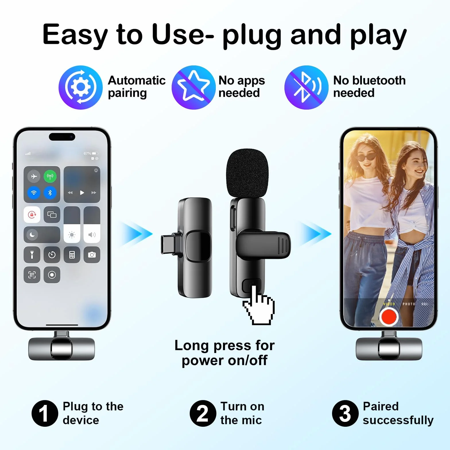 SOOOEC Bezprzewodowy mikrofon krawatowy z adapterem, do urządzeń iPhone i Android, komputerów, mini mikrofon do nagrywania wideo i podcastów, redukcja szumów, mikrofon typu C