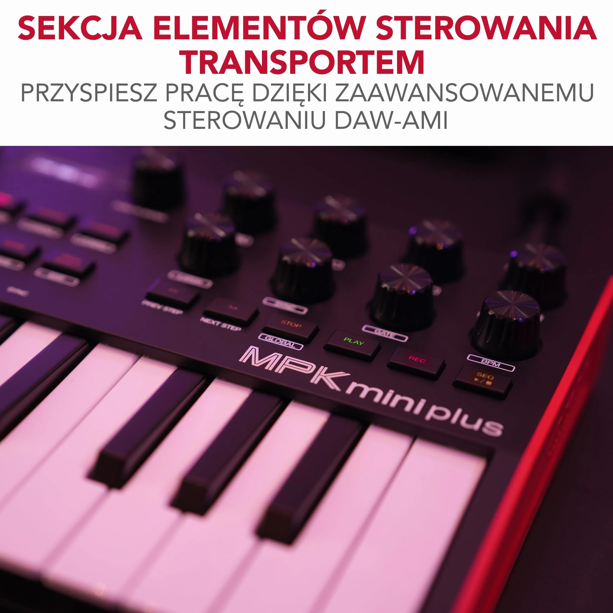 Akai Professional MPK Mini Plus – klawiatura sterująca USB MIDI z 37 miniklawiszami, 8 padami MPC, sekwencerem, MIDI/CV/Gate I/O, programem do produkcji muzyki oraz pakietem Native Instruments