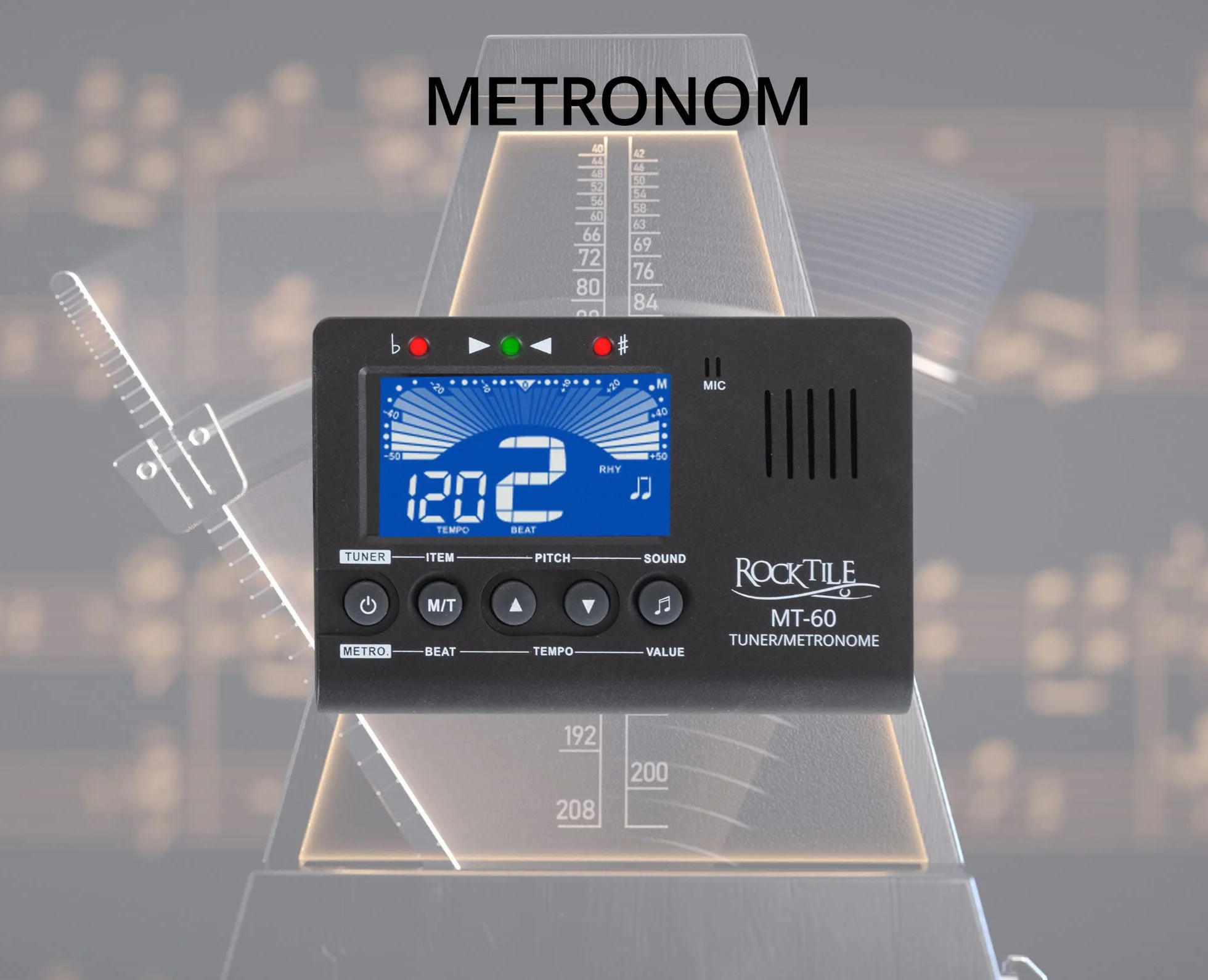 Rocktile MT-60 tuner metro – stroik z mikrofonem i czujnikiem piezoelektrycznym – nadaje się do wszystkich instrumentów – 5 trybów strojenia – metronomy – generator dźwięku – głośnik i wyjście na