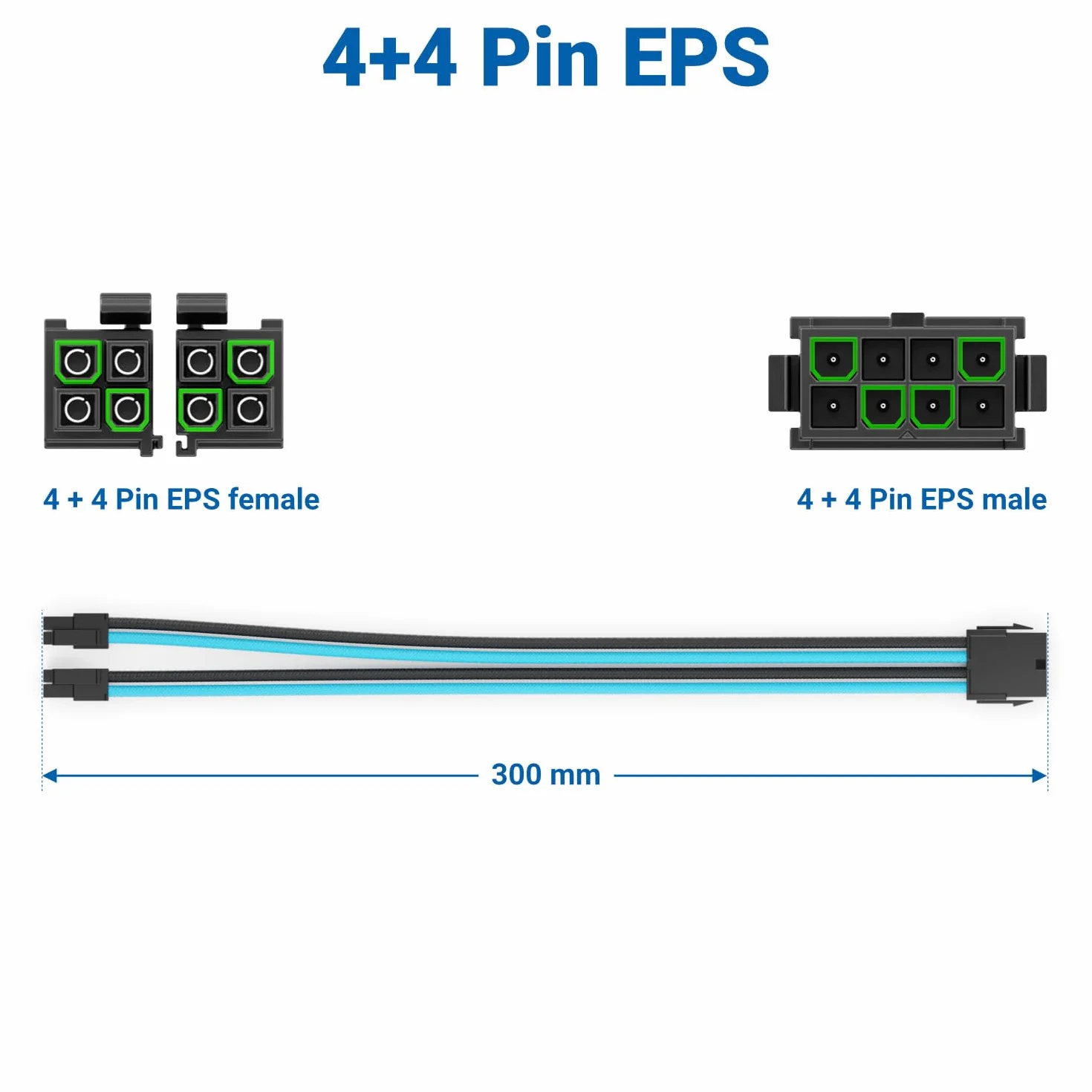deleyCON 4+4-Pin EPS Procesor CPU Kabel Zasilający Przedłużacz 30cm - 18 AWG PSU Płyta Główna PC Zasilacz Komputerowy Nylon Męski do Żeńskiego - Czarno-Niebieski