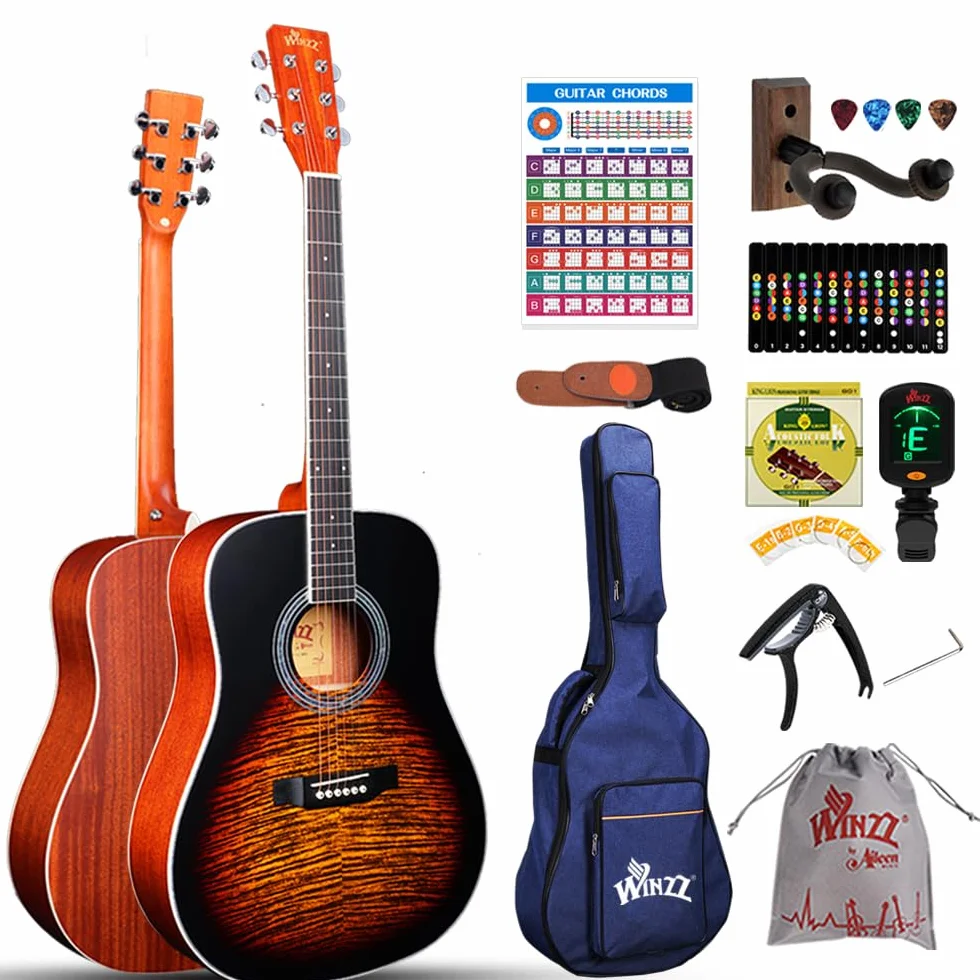 Winzz Gitara akustyczna dla dorosłych 4/4, gitara dziecięca 12+ lat, zestaw do gitary ludowej dla początkujących, sucha gitara ze stalową liną z 11 akcesoriami (Sunburst Mat, 41 cali)