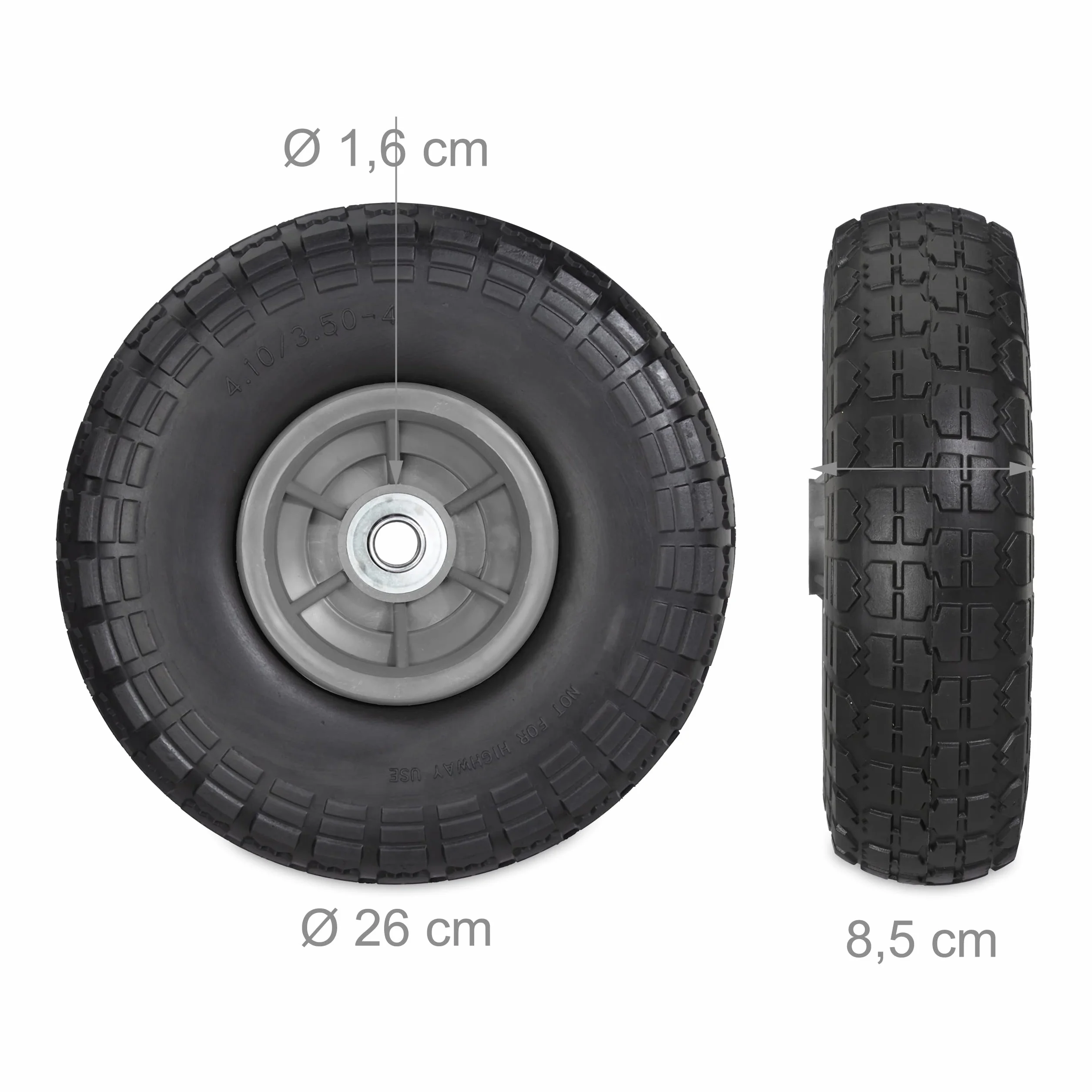 Relaxdays 4 x koło do wózka transportowego, odporne na przebicie opony z pełnej gumy, 4,1/3,5-4", oś 16 mm, do 150 kg, wys. x śr.: 26 x 8,5 cm, czarne/szare