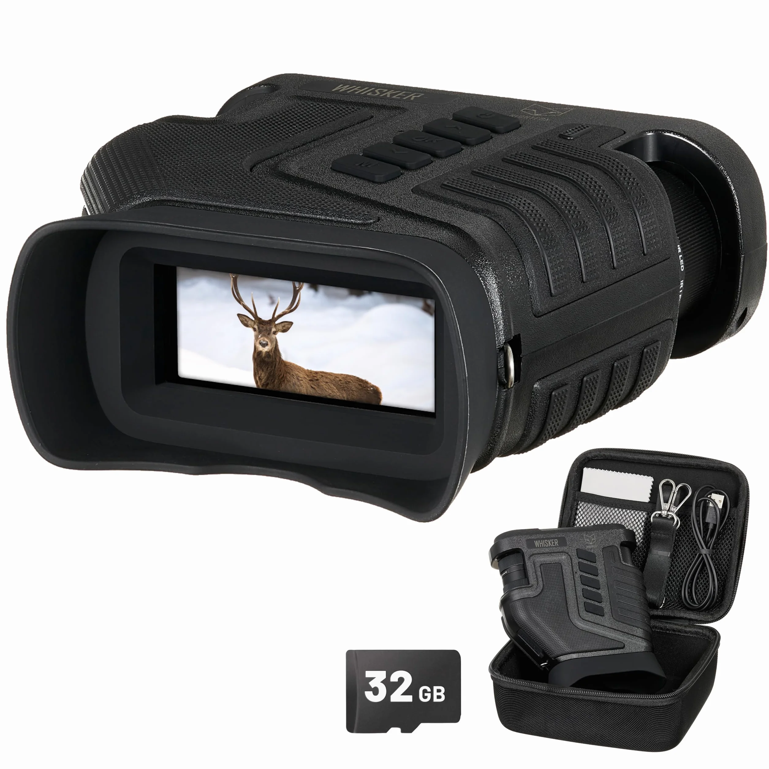 Gogle noktowizyjne Nightfox Whisker | Regulowany zoom optyczny 1-10x | Duży zasięg 900 stóp | Nagrywanie filmów, ładowanie przez USB | Pamięć 32 GB | Cyfrowe lornetki noktowizyjne myśliwskie z kamerą