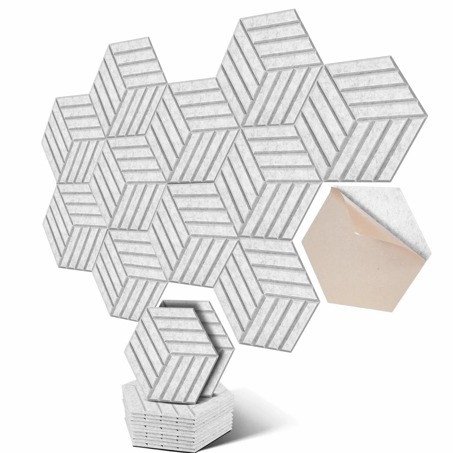 Samoprzylepne płyty akustyczne sześciokątne – pochłaniacz dźwięku na ścianę i sufit – 30 x 26 x 0,9 cm, 12 sztuk, białe – idealne do pomieszczeń mieszkalnych, KTV, pokoi muzycznych i biur