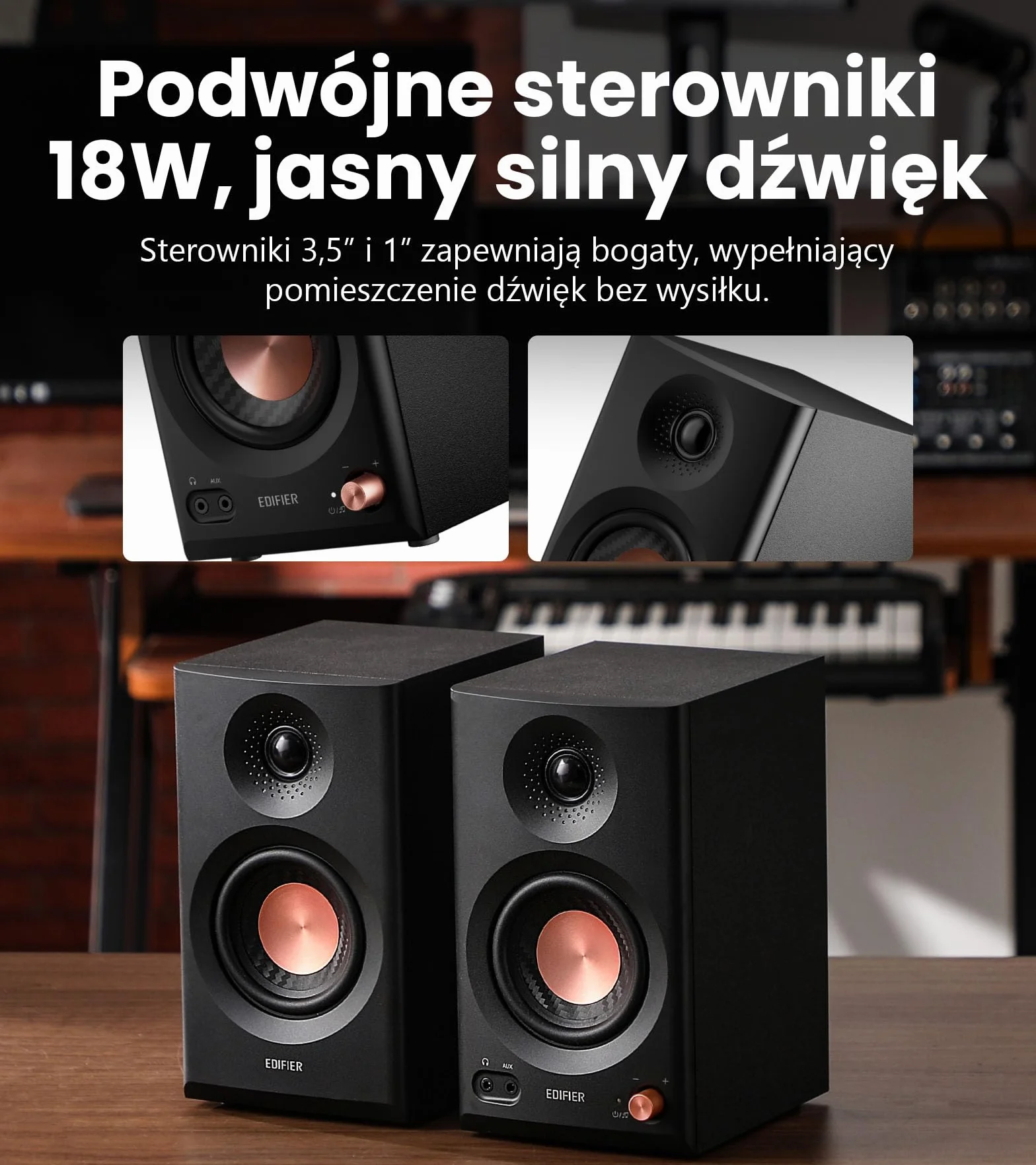 Edifier MR3 - Kompaktowe głośniki Studio 2.0, Hi-Res Audio, Bluetooth V5.4, sterowanie fizyczne, RCA, AUX, aplikacja mobilna, 2x18W, czarny