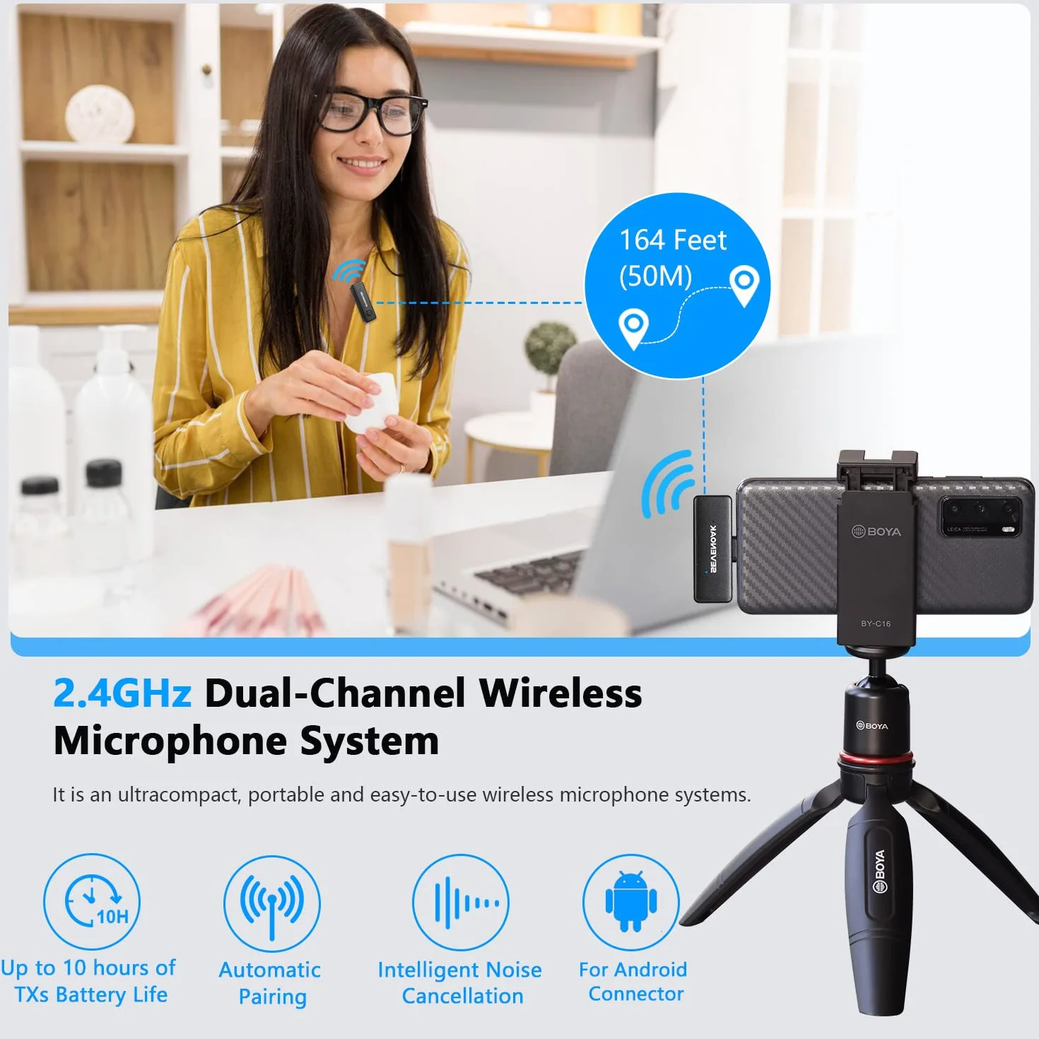 Sevenoak SKM-W10-U2 bezprzewodowy mikrofon krawatowy, bezprzewodowy mikrofon USB-C z klipsem do smartfona z systemem Android/typu C, do podcastów, Facebooka, YouTube, vlogowania, nagrywania wideo
