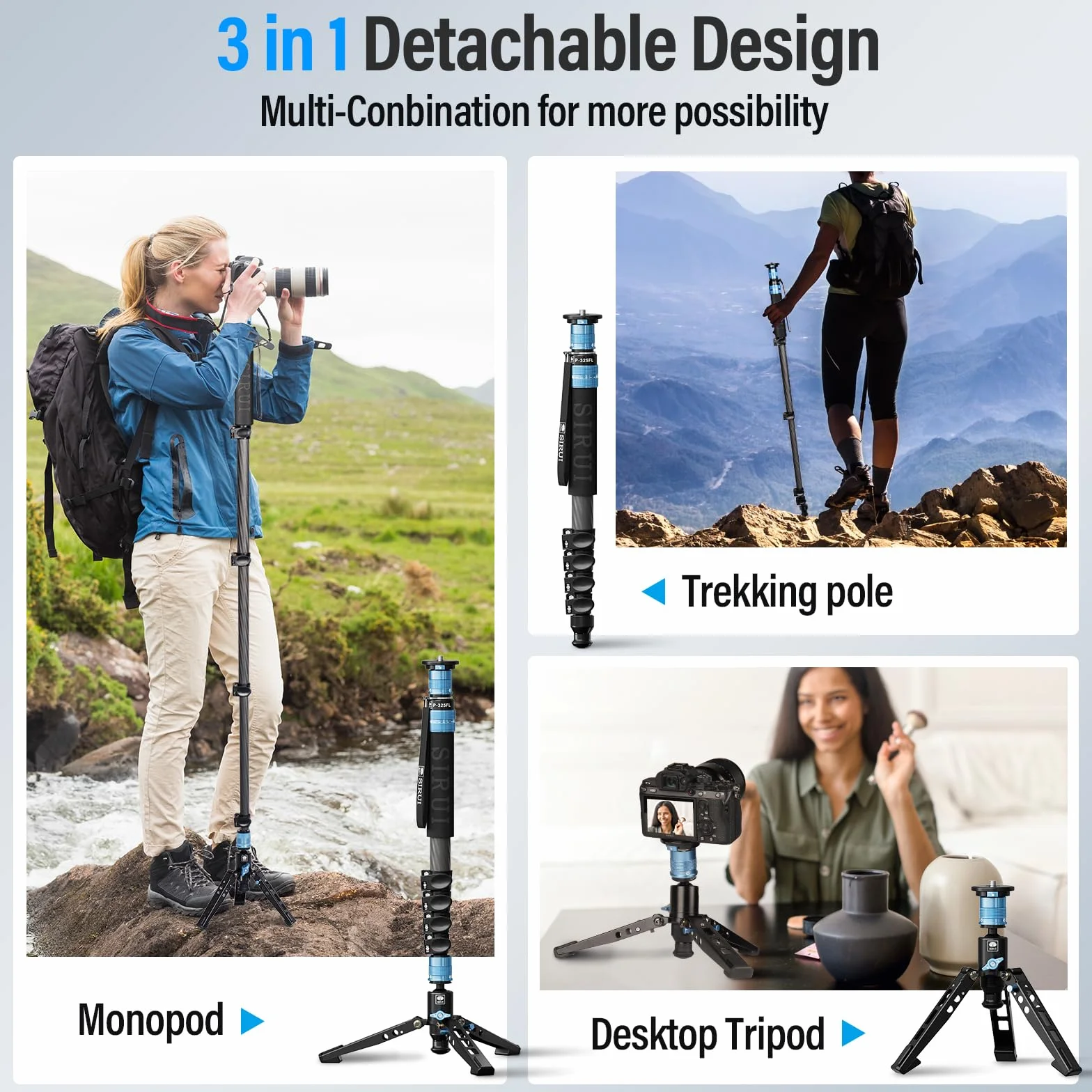 SIRUI P-325FL Monopod z włókna węglowego z nóżkami, profesjonalny monopod 170 cm, przenośny, lekki monopod podróżny do aparatu DSLR, maksymalne obciążenie 10 kg, kompatybilny z aparatem Sony Canon