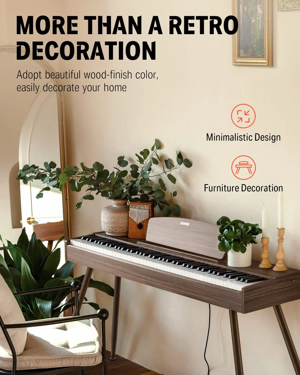 Donner DDP-80 Pianino cyfrowe z klawiaturą 88-klawiszową, pełne pianino elektryczne w standardowym rozmiarze ze stojakiem, potrójnym pedałem, łącznością MIDI i interfejsem słuchawkowym, kolor drewna
