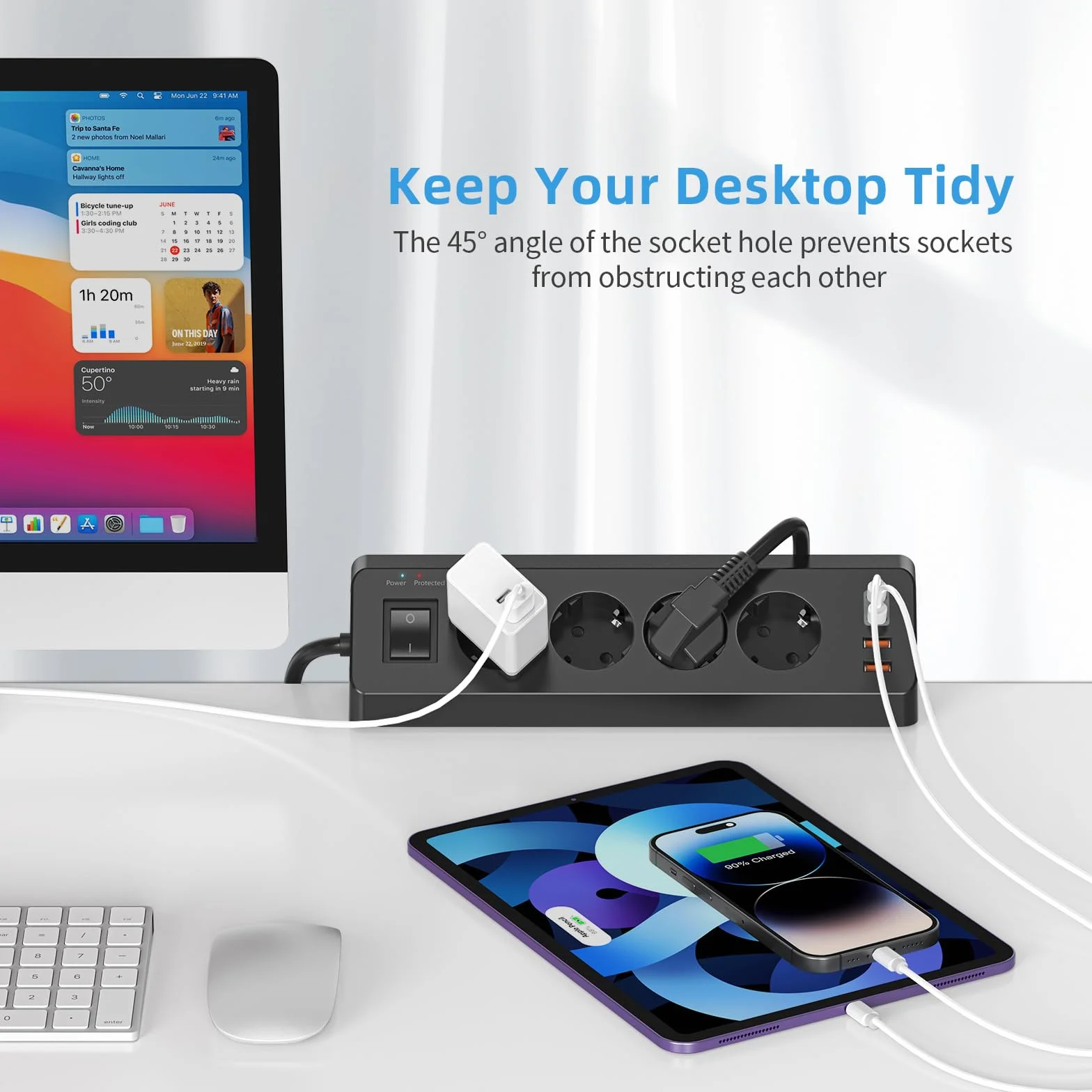 Gniazdo wtykowe stołowe z USB C (PD 20 W), listwa zasilająca 8 w 1, biurko z przełącznikiem, 4 wtyki, 4 gniazda USB, ochrona przed przepięciem, kabel 2 m, do domu, biura (czarne)