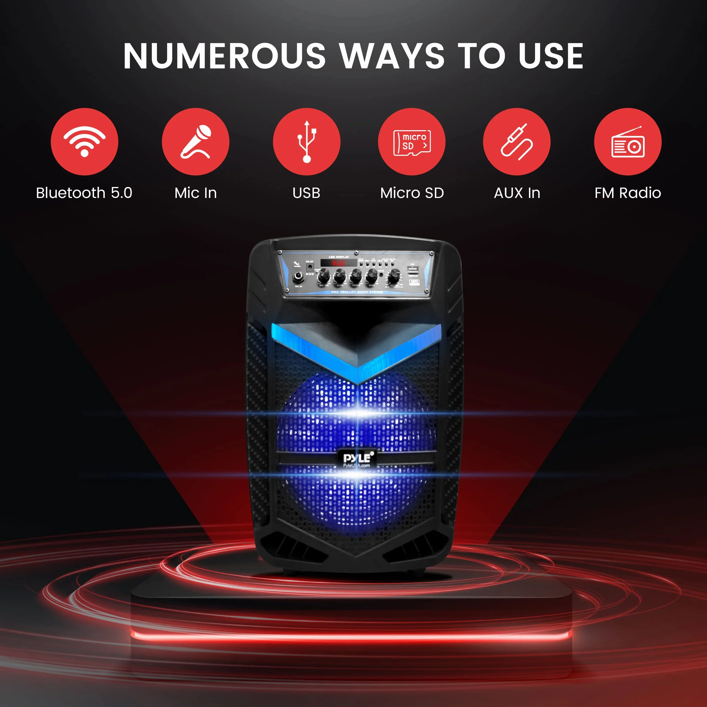 Pyle Głośnik PA Bluetooth, urządzenie do karaoke z mikrofonem do karaoke, 600 W, pudełko na imprezę, możliwość ładowania, subwoofer, 1" tweeter, funkcja nagrywania, oświetlenie imprezowe, radio USB/SD