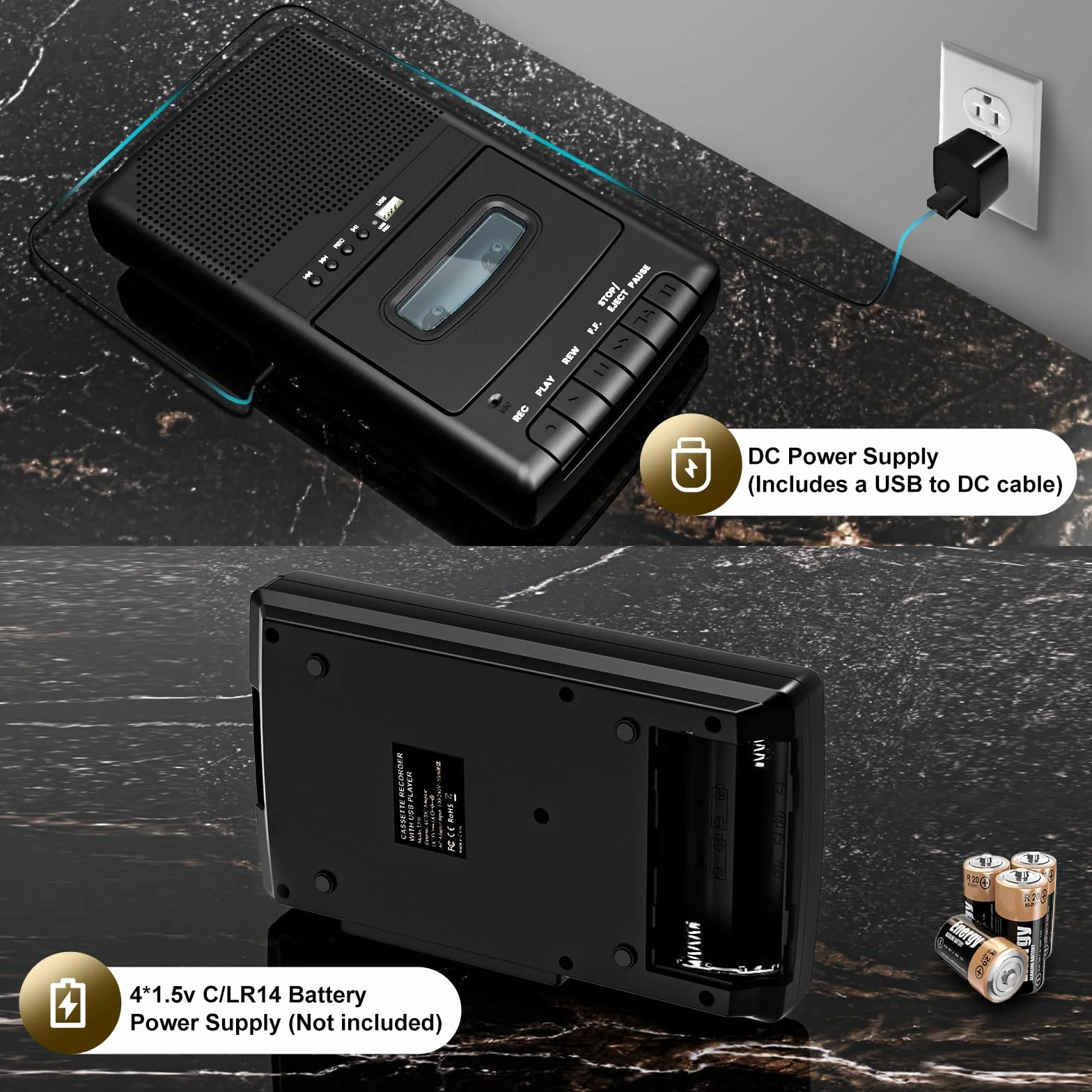 Przenośny magnetofon kasetowy z nagrywaniem One Touch, mobilny odtwarzacz kasetowy i digitizer USB, wbudowany głośnik, wysuwany uchwyt, słuchawki 3,5 mm, czarny