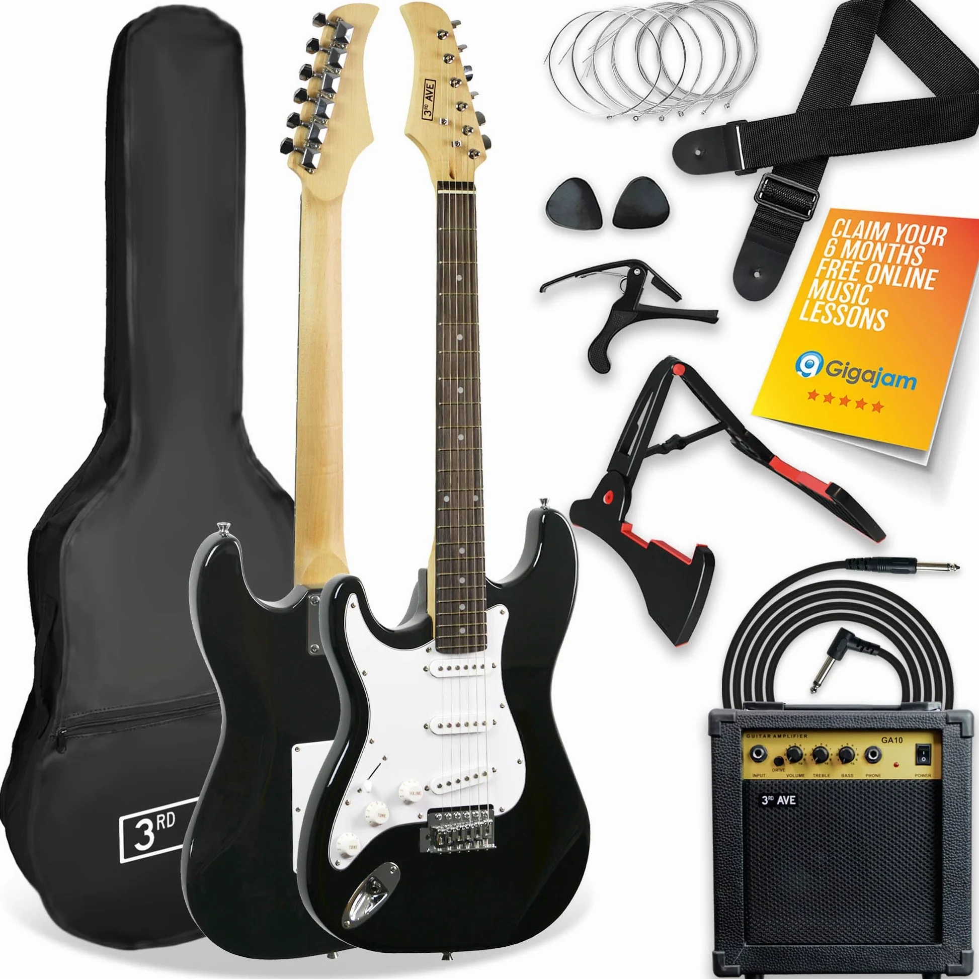 3rd Avenue Elektryczny Zestaw Gitarowy, Pełny Rozmiar, 4/4 Lewa Strona, 1 Miesiąc Ultimate Guitar Pro i Courses, Czarny