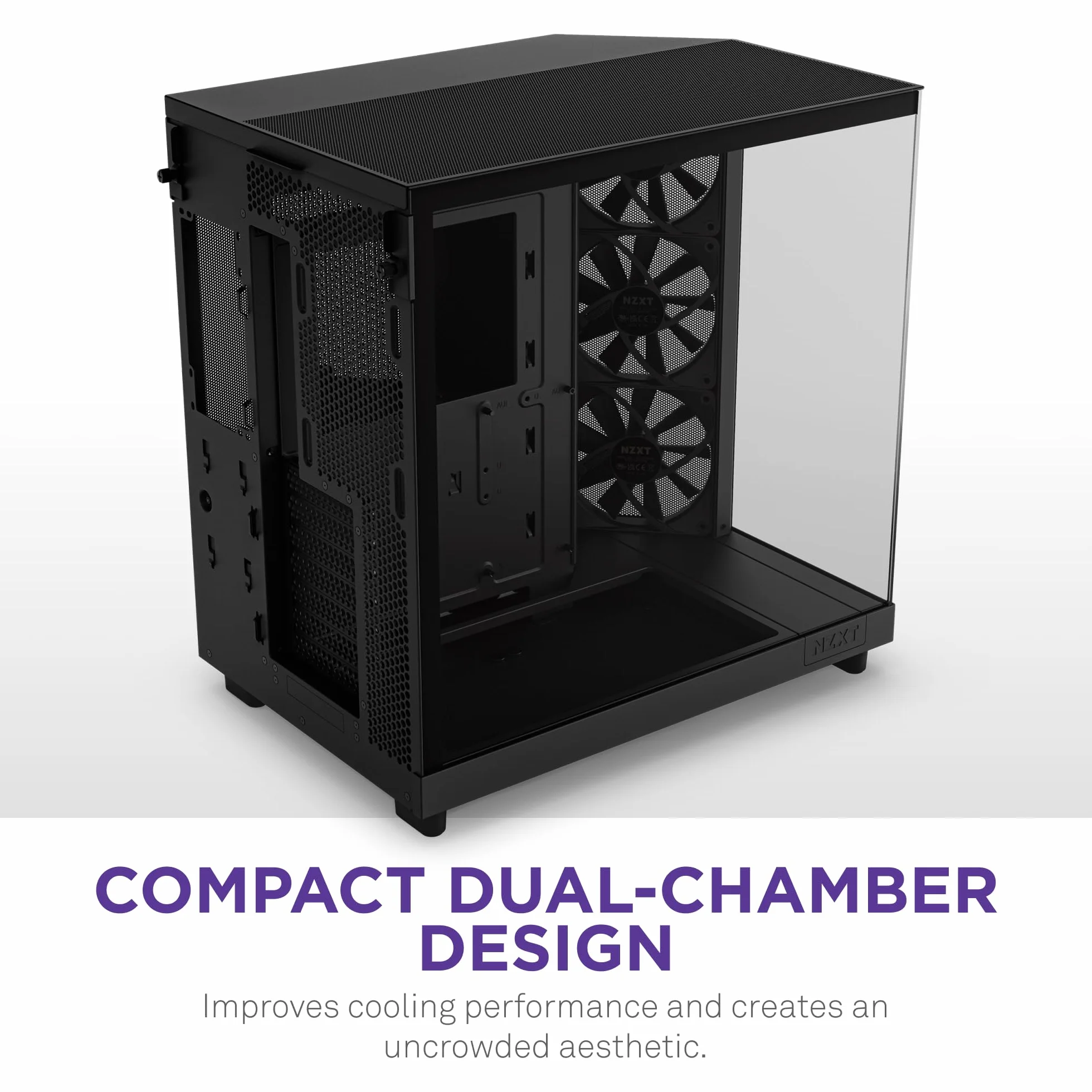 NZXT H6 Flow | CC-H61FB-01 | Compact Dual-Chamber Mid-Tower Airflow Case | Panoramic Glass Panels | High-Performance Airflow Panels | Includes 3 x 120mm Fans | Cable Management | Black