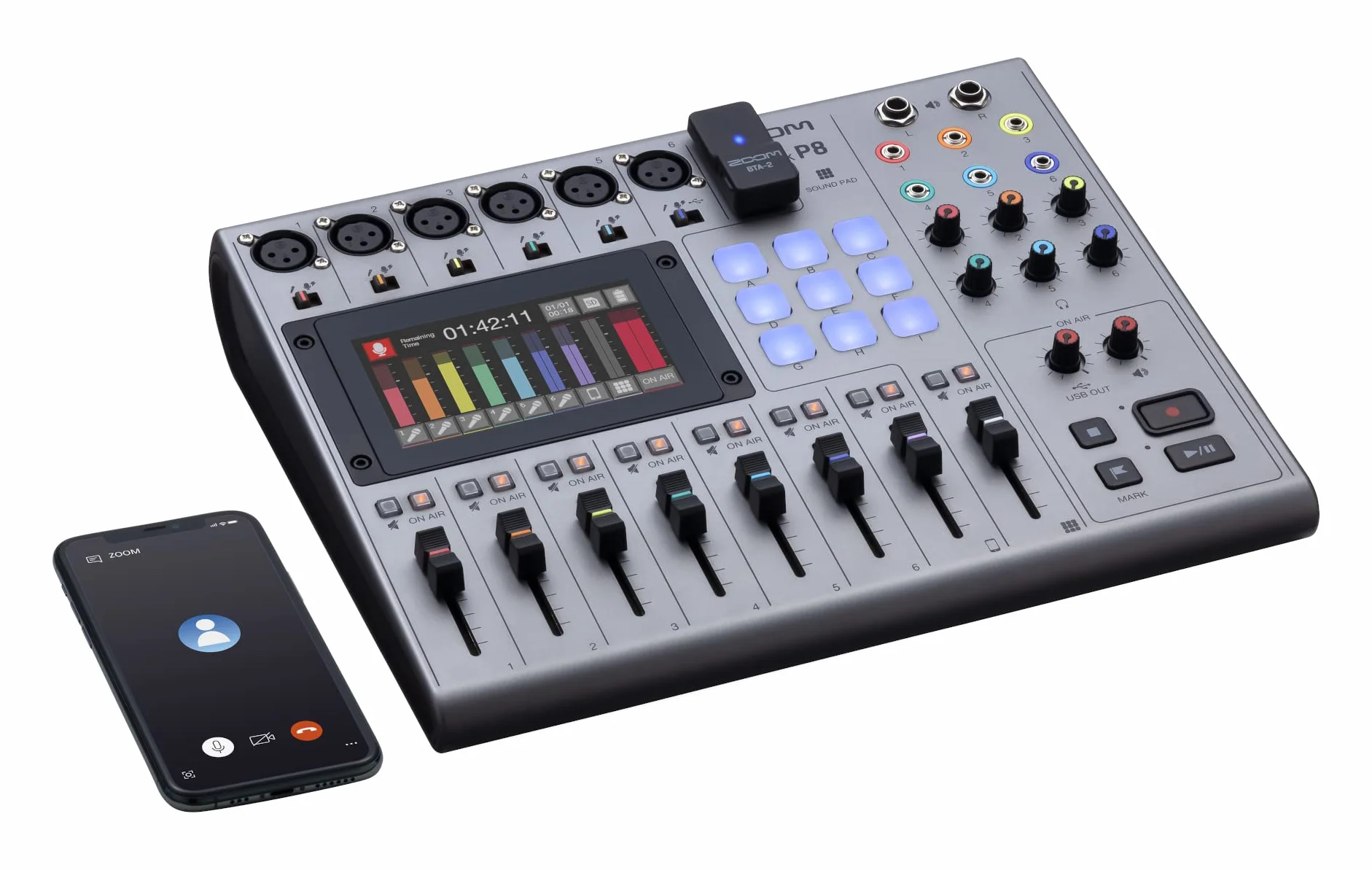Rejestrator podcastów ZOOM PodTrak P8, 13-ścieżkowe studio mikserskie, 6 wejść mikrofonowych XLR z zasilaniem phantom, interfejs audio USB do profesjonalnych nagrań podcastów, kolorowy ekran dotykowy