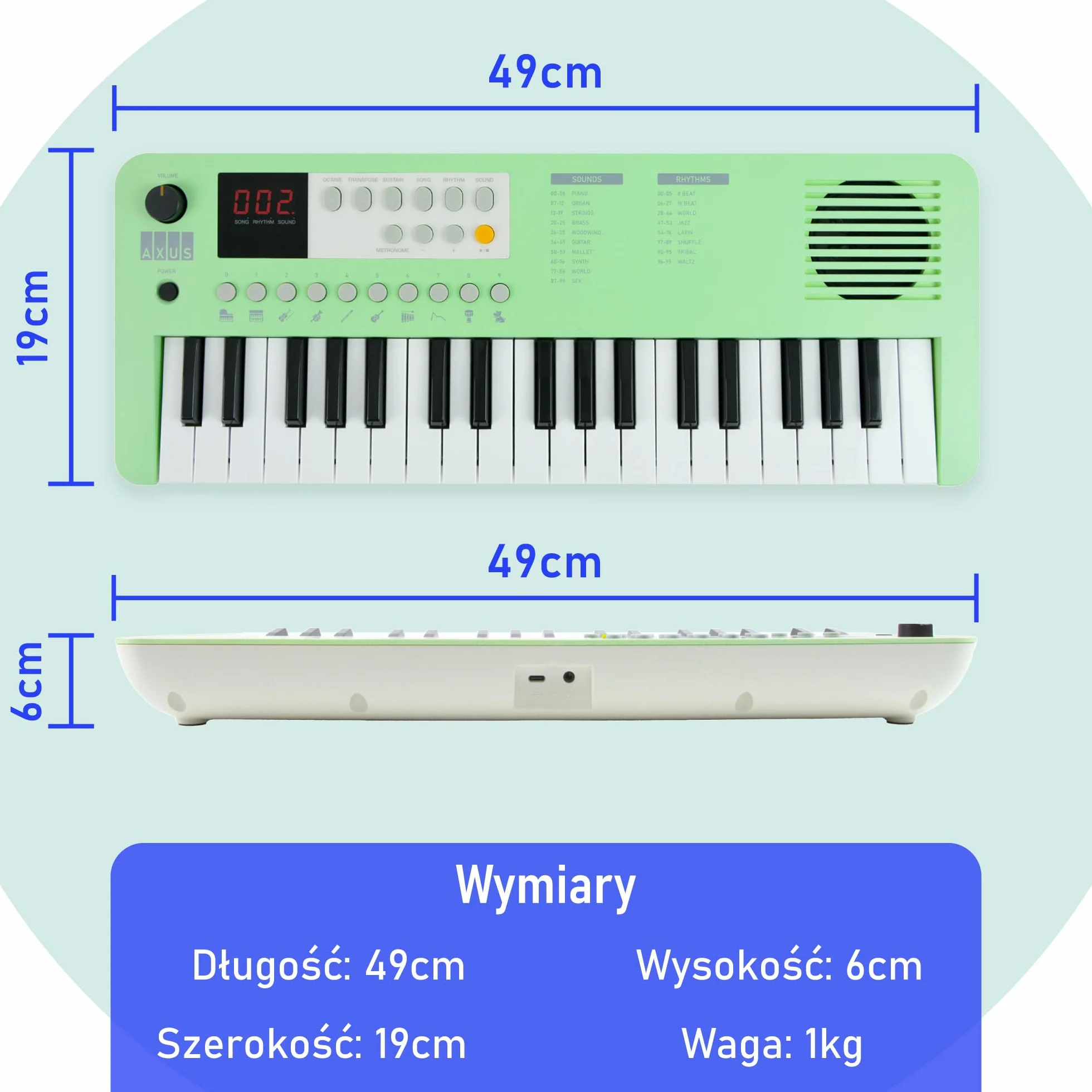 Axus Mini Przenośna Klawiatura 37 W Kolorze – Zabawne Pianino Elektryczne Dla Początkujących, Usb-C Lub Zasilanie Bateryjne