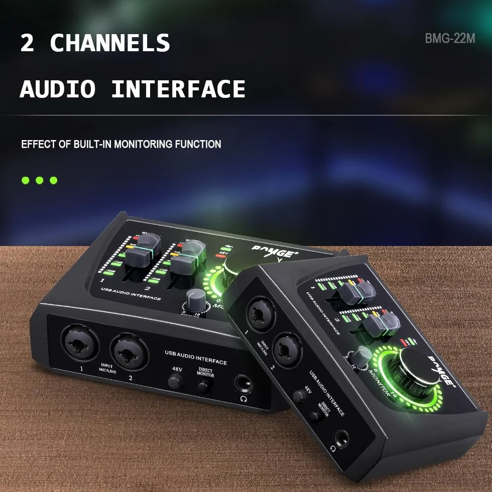 BOMGE mini 2-kanałowy interfejs audio USB do nagrywania, przesyłania strumieniowego i podcastingu, z zasilaniem fantomowym XLR/48 V, interfejs audio jakości studyjnej dla gitarzysty, wokalisty