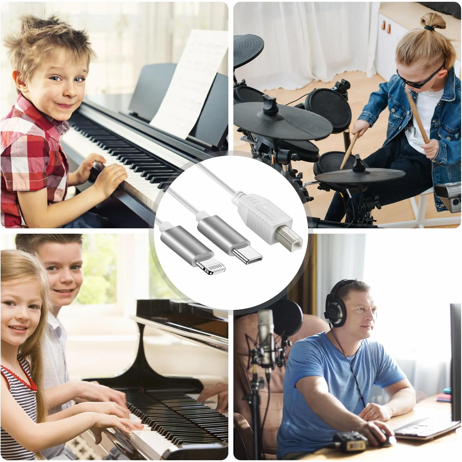 2 w 1 kabel USB-C na USB-B Midi, 1 m OTG do iPhone'a, iOS, kontrolera, interfejsu audio, klawiatury, elektronicznego instrumentu muzycznego (biały)