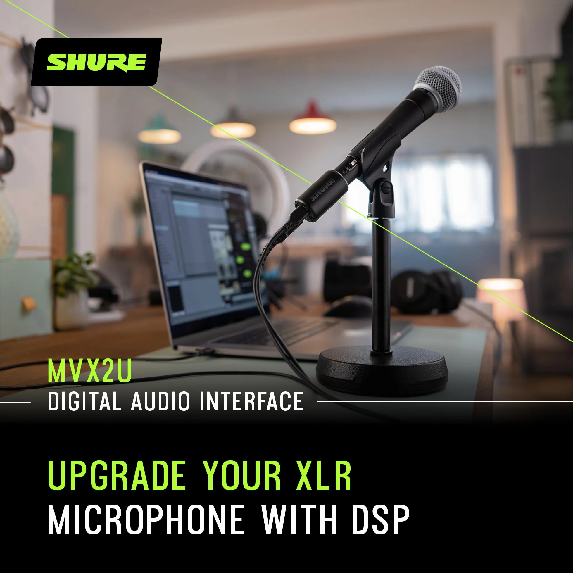 Shure MVX2U Interfejs cyfrowy XLR-do-USB z gniazdem słuchawkowym, zintegrowanym przedwzmacniaczem z kontrolą wzmocnienia 60dB, monitorowaniem bez opóźnień, zasilaniem fantomowym 48V