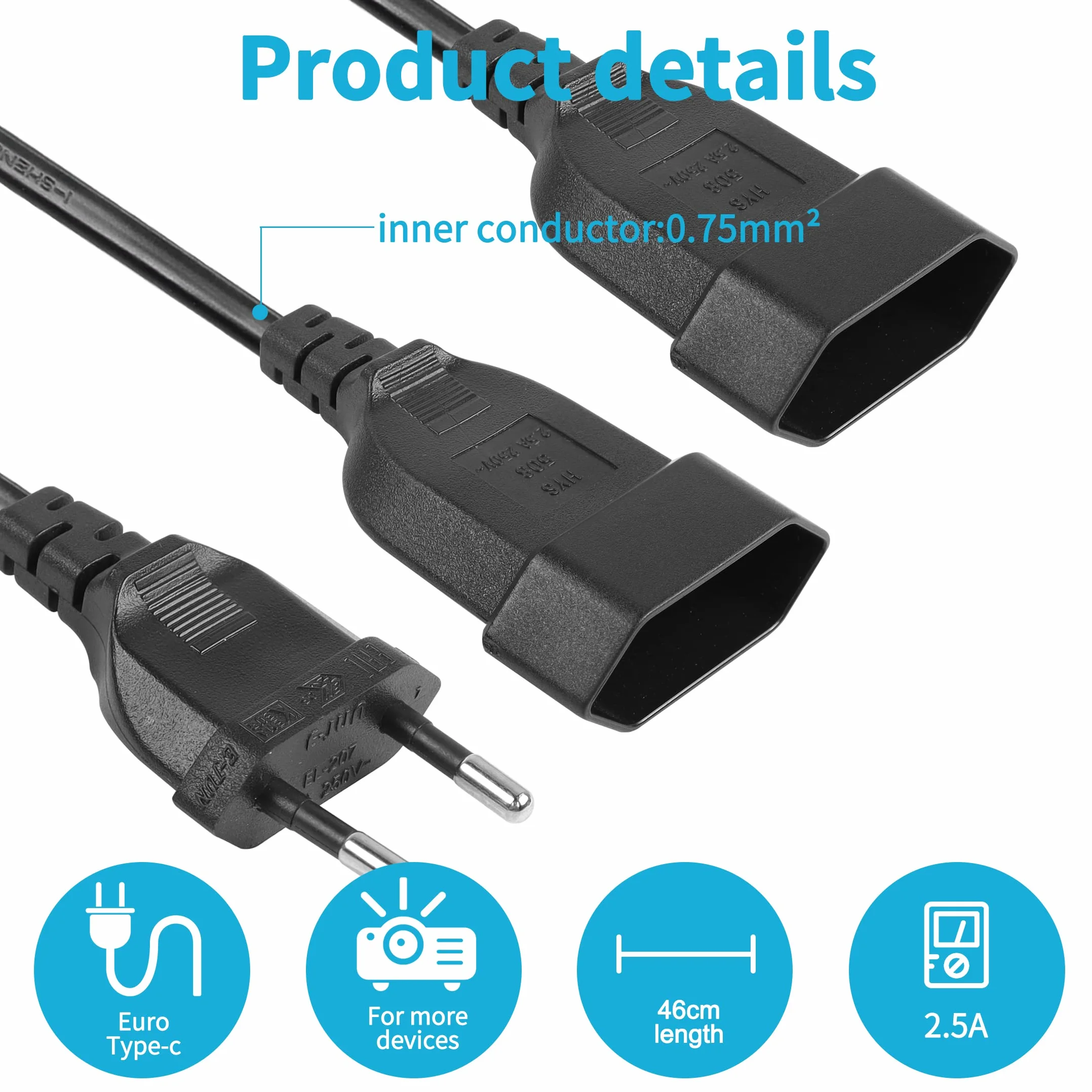 YACSEJAO Kabel zasilający przedłużacz kabel zasilający przedłużacz typu C wtyczka euro na gniazdo euro TV PC monitor projektor lampa urządzenia gospodarstwa domowego, 40 cm