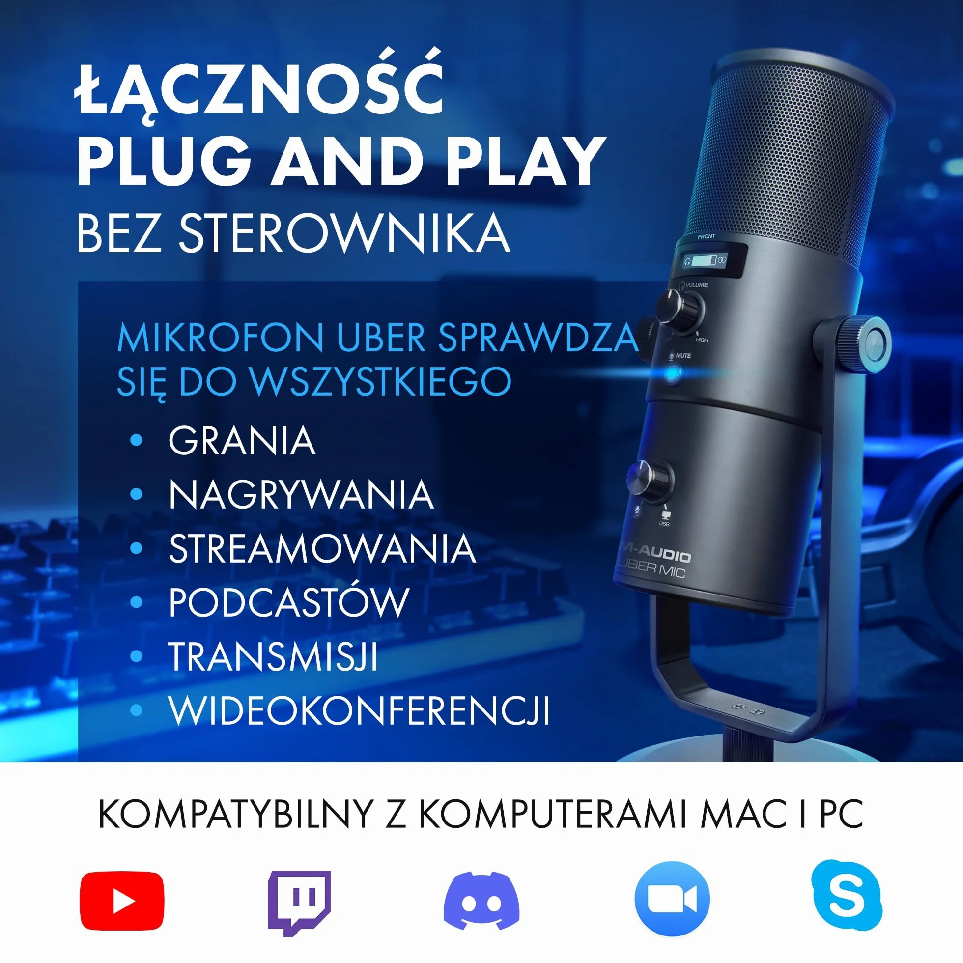 M-AUDIO Uber Mic – Pojemnościowy mikrofon USB do gry, streamingu, podcastów i nagrywania + 4 charakterystyki kierunkowe, wyciszanie, wyj. słuchawkowe