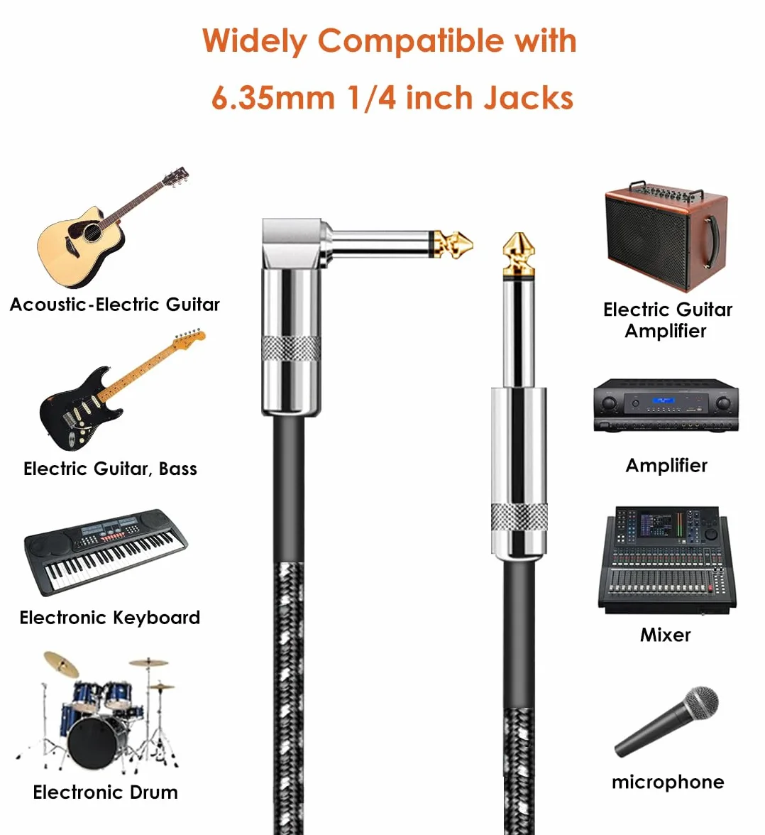 Kabel instrumentalny 3 metry, kabel do gitary elektrycznej TS 6,35 mm do gitary basowej, pleciony kabel jack 6,35 mm, kabel audio pod kątem prostym, czarny biały