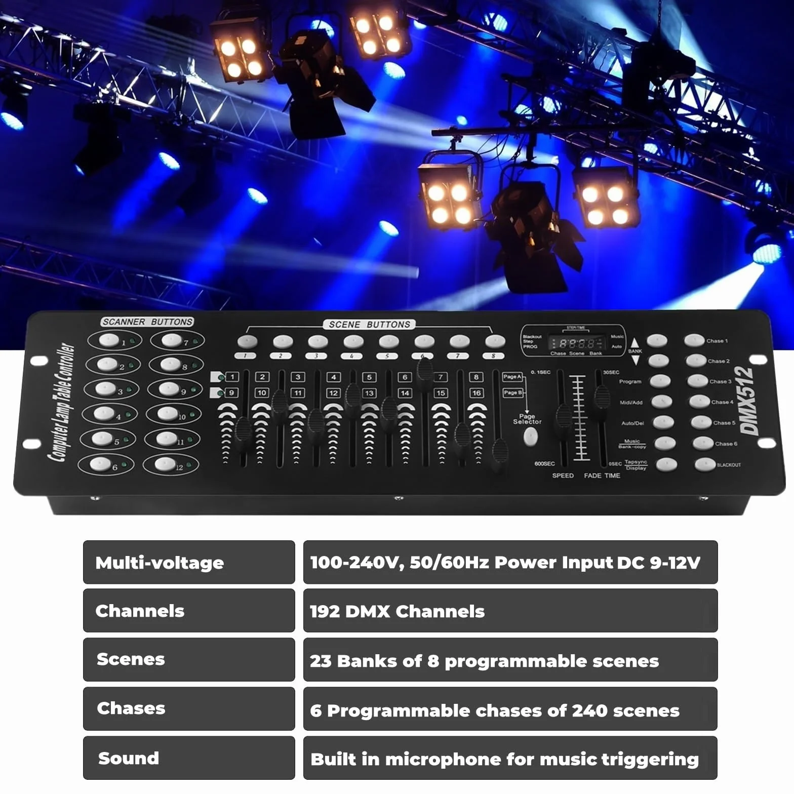 UKing DMX Controller, 192 kanały DMX512, kontroler, konsola, 240 scen, do mini kontrolera DMX, pulpitu świetlnego, na imprezę, DJ, dyskotekę, ruchoma głowicę świetlną, lampę, wyposażenie operatora